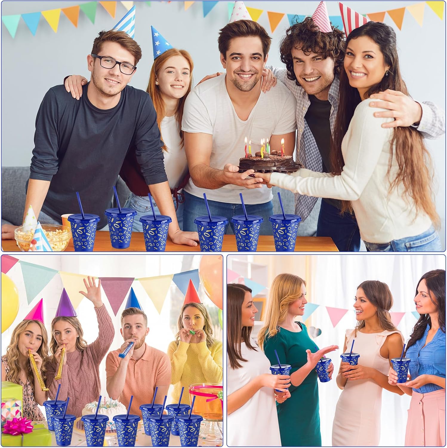 Jingmore 24 Pcs Blue and Golden Rings Plastic Cups for Birthday Party Decoration Cartoon Video Game Theme 16 oz Tumblers with Lid and Straw