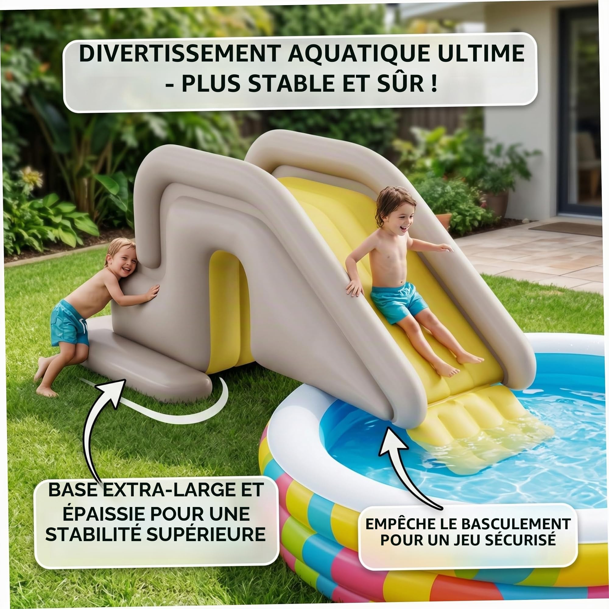 Toboggan Gonflable pour Piscine Ponton Gonflable avec Large Base d'eau Installation Facile en PVC intérieur/extérieur pour Enfants et Adultes, Kaki, Comprend Une Pompe à Pied