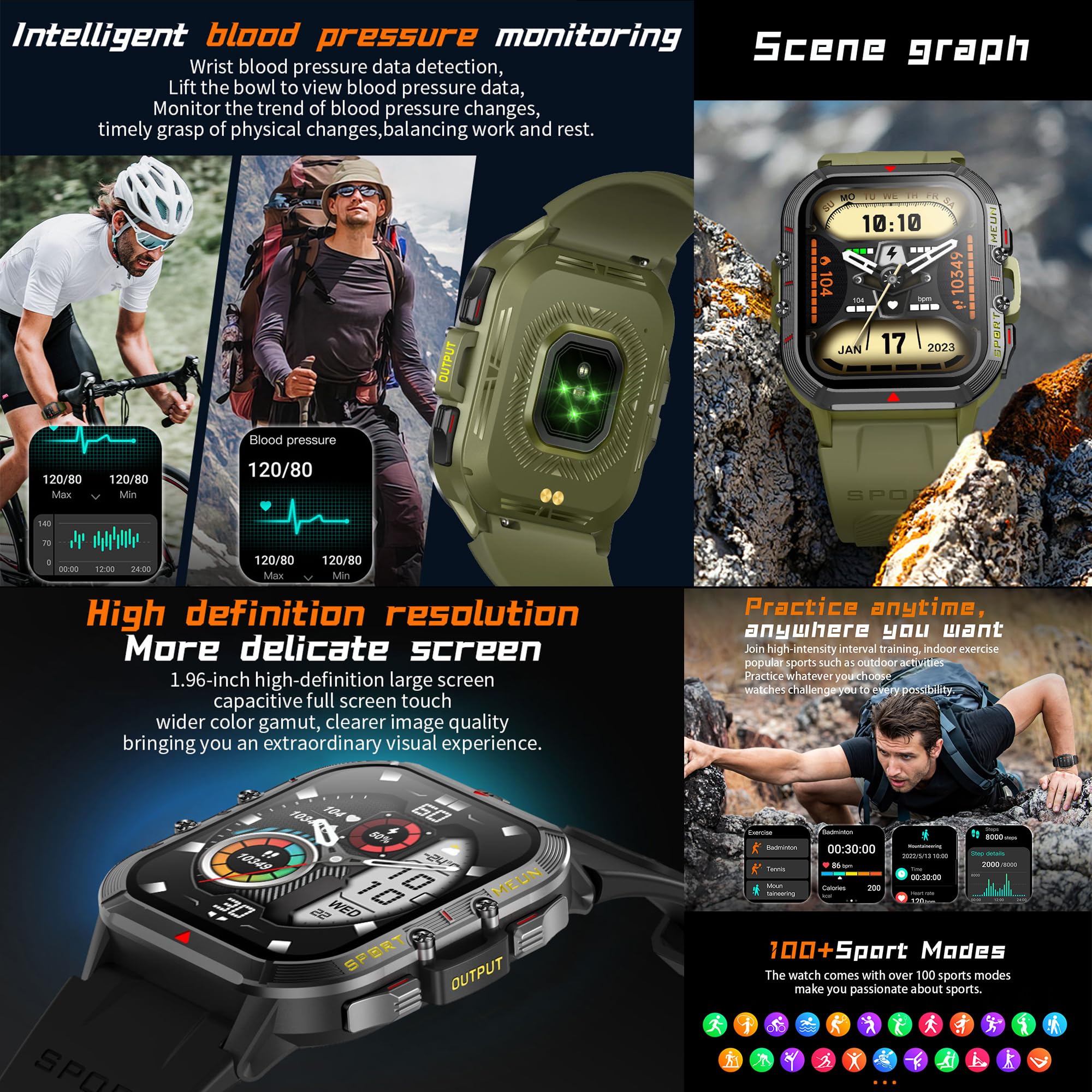 Smartwatch Mężczyźni, 1,96'' HD Inteligentny Zegarek Który Może Wykonywać i Odbierać Połączenia, zegarek Tracker Fitness Monitor Uśpienia Krokomierz Sportowy Kompatybilny z Android IOS
