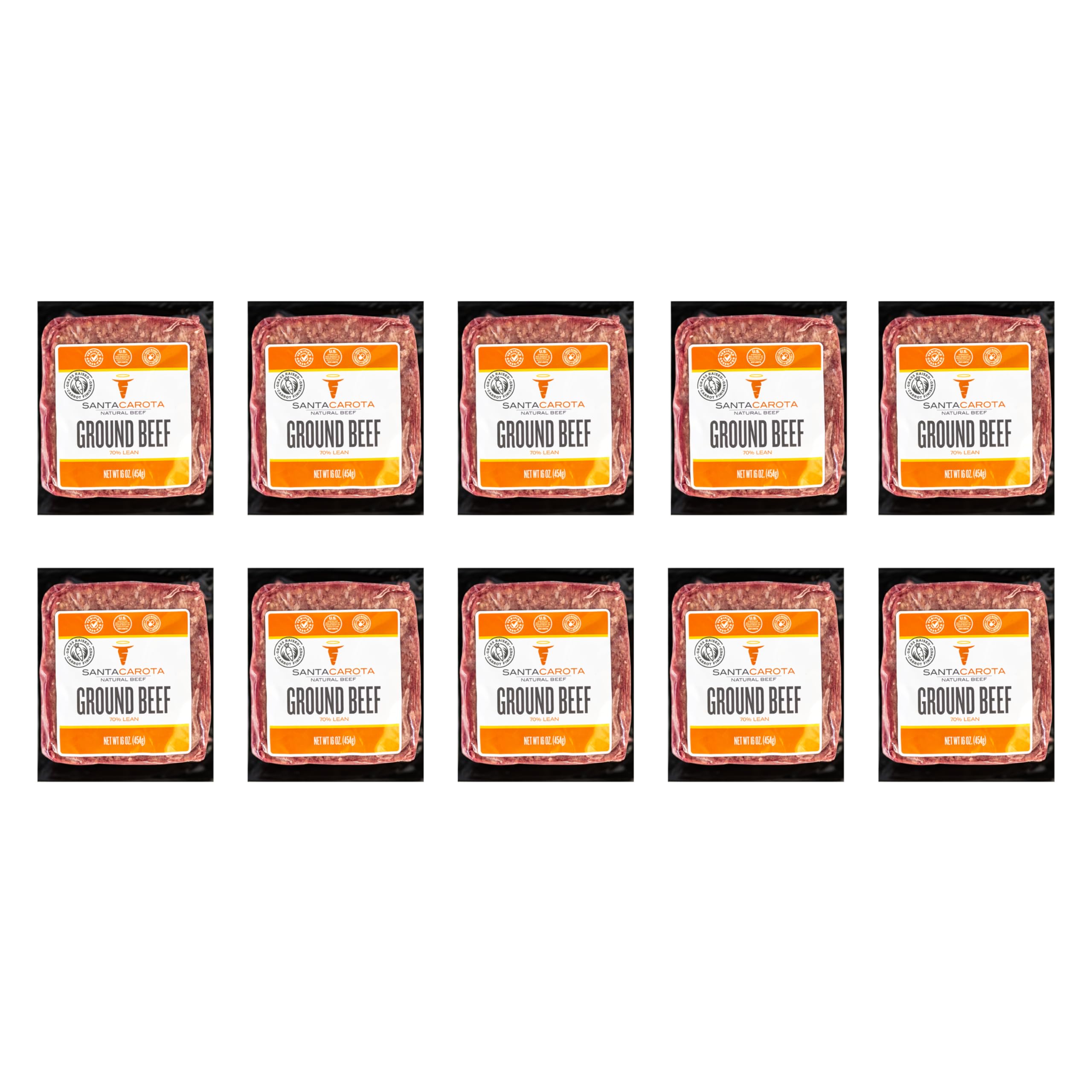 Santa Carota Grass Fed Ground Beef 70% Lean / 30% Fat, Carrot-Finished, Grass-Raised, Bulk Hamburger Meat | Perfect for Burgers, Family Pack Frozen Food (10-1lb packages)