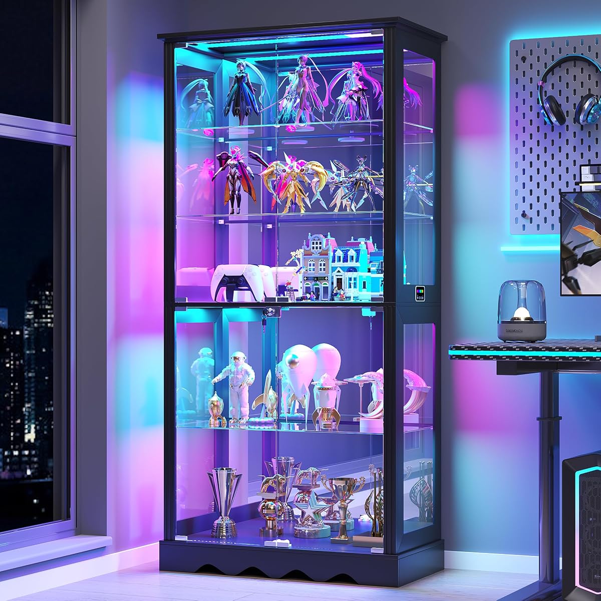 Vitrina con Puertas de Vidrio, Luces RGB para Coleccionables | Gabinete Curio con iluminación LED con sensor humano de 71 pulgadas de alto con estantes ajustables, negro
