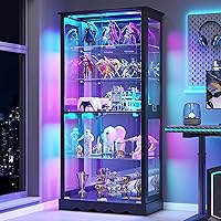 71" Tall Black Glass Curio Display Cabinet with RGB Motion Sensor Lights, Lockable Storage & Removable Shelves for Collectibles