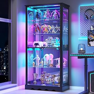 71" Tall Black Glass Curio Display Cabinet with RGB Motion Sensor Lights, Lockable Storage & Removable Shelves for Collectibles