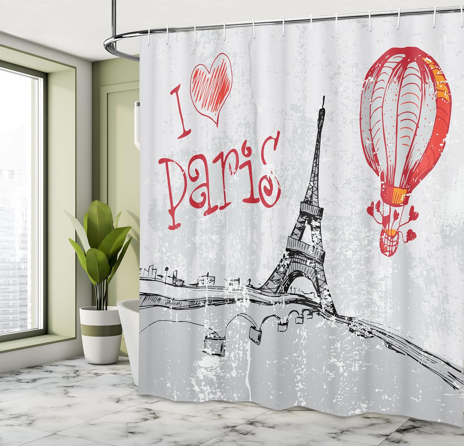 Ambesonne Love Shower Curtain, I Love Paris Romance Hot Air Balloon with Hearts Doodle Style Print Image, Cloth Fabric Bathroom Decor Set with Hooks, 69" W x 75" L, Red Black Grey