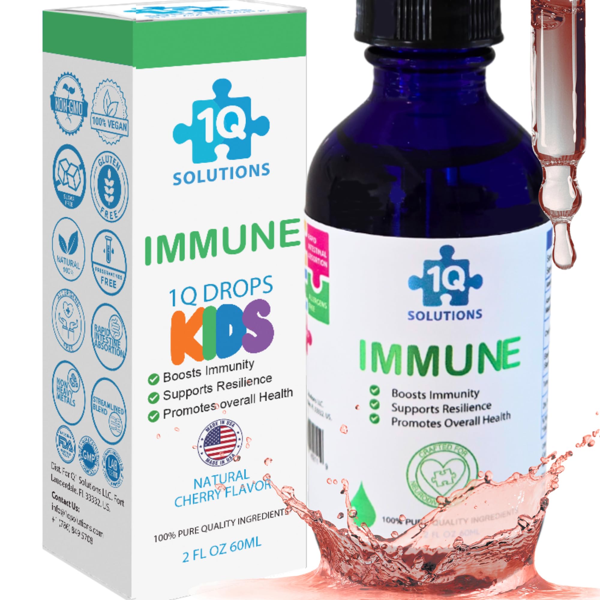 1Q Immune - Vitamin C & Zinc Liquid Drops for Toddlers & Kids, with Elderberry Extract, Turmeric for Immune Support - Sugar-Free, Vegan, Non-GMO,