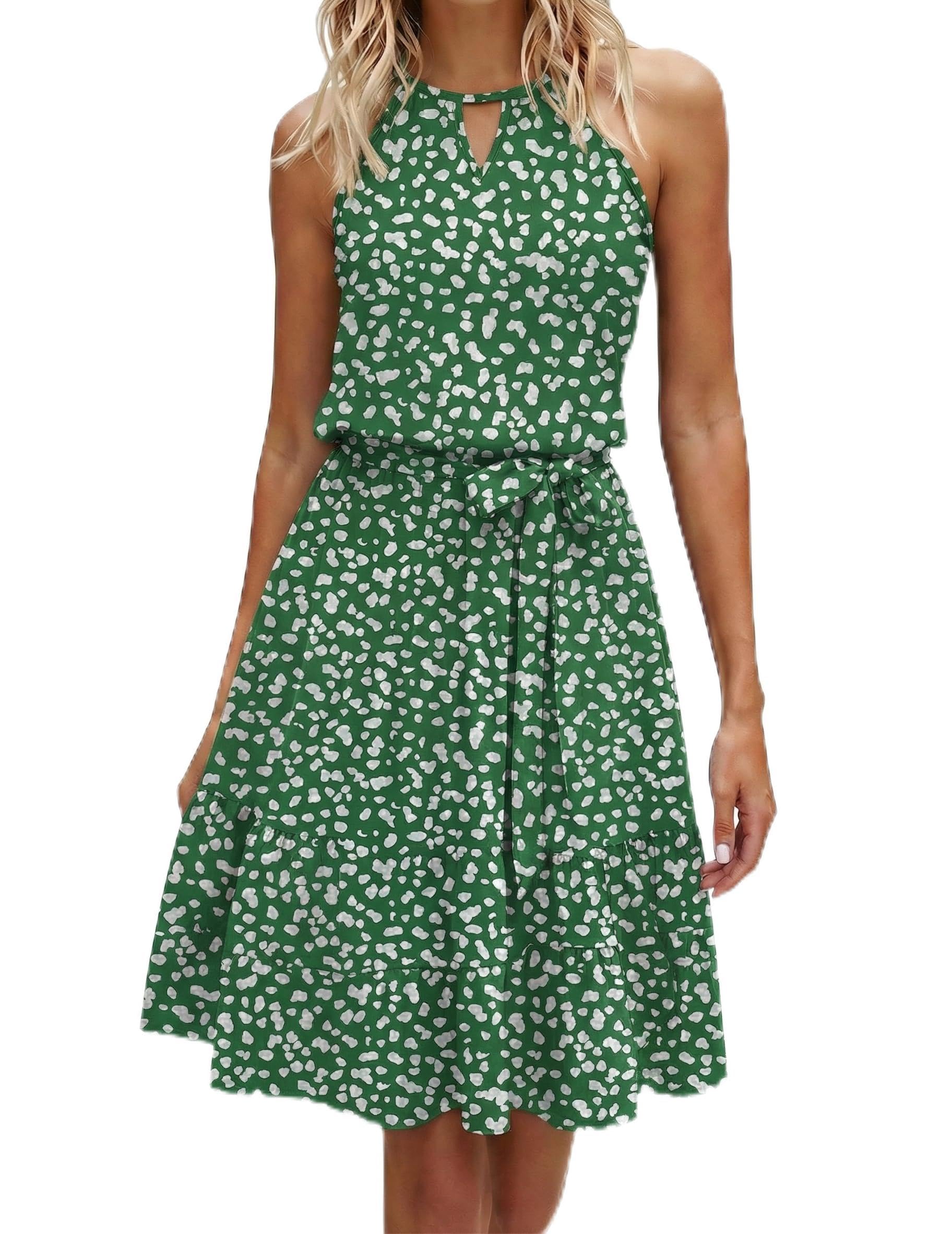 Zeagoo Kleid Damen Sommer Neckholder Kleider Knielang Keyhole Sommerkleid Rüschen Blumenkleid Freizeitkleid mit Taschen