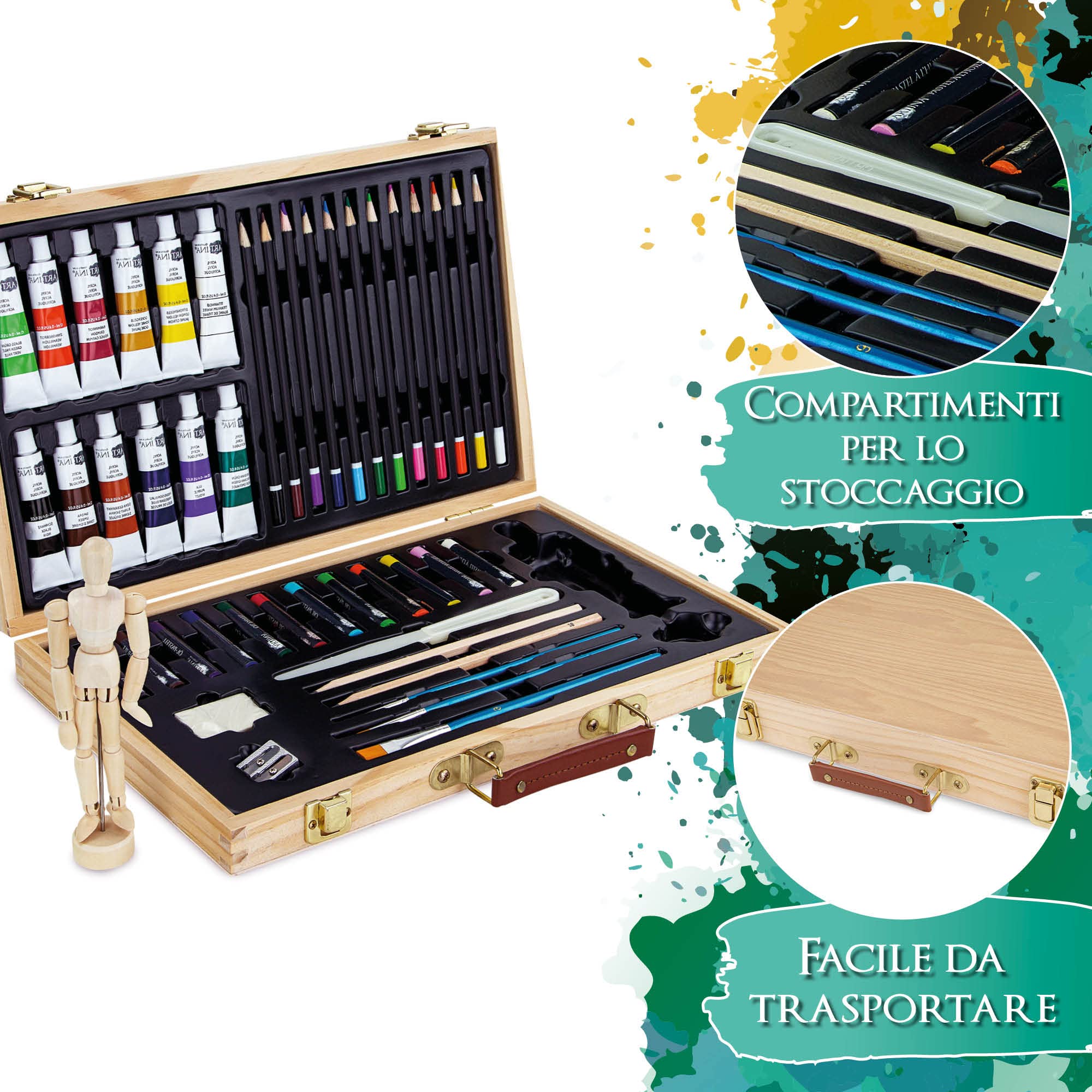Artina 45 Pezzi Set Pittura e Disegno in Valigetta Legno con Colori Acrilici, Pennelli, Pastelli, Gessetti, Manichino – Kit Pittura Professionale per Bambini e Adulti – Leonardo