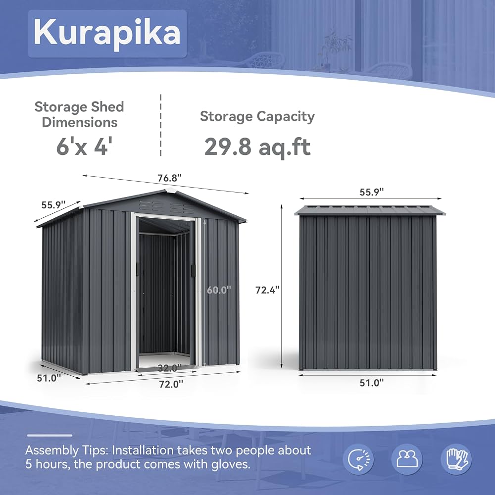 Kurapika 6 x 4FT Outdoor Storage Shed Waterproof, Large Garden