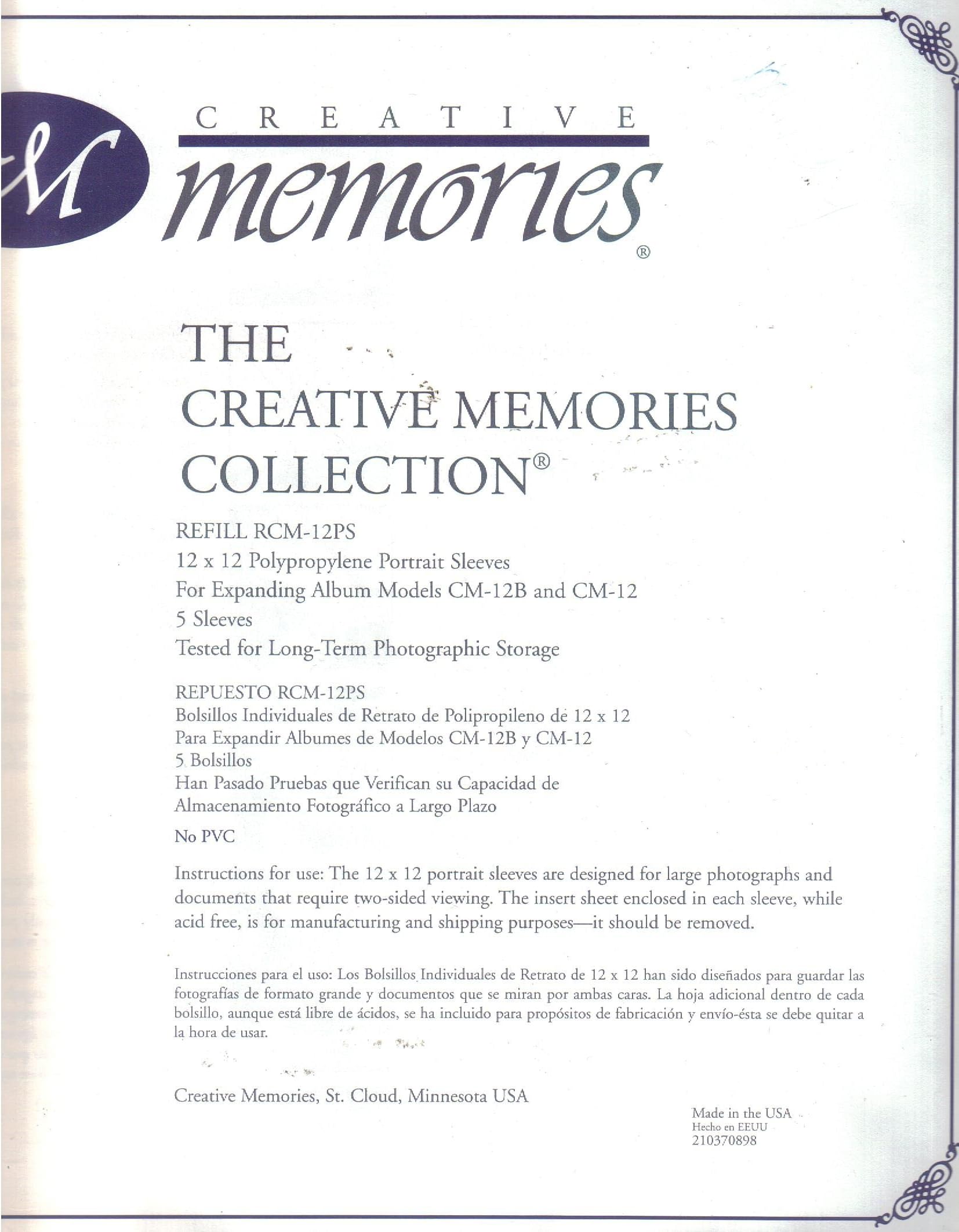 Creative Memories Collection, 12x12 Polypropylene Portrait Sleeves Refill Pages RCM-12PS for Expanding Album CM-12 and CM 12B, 5 sleeves