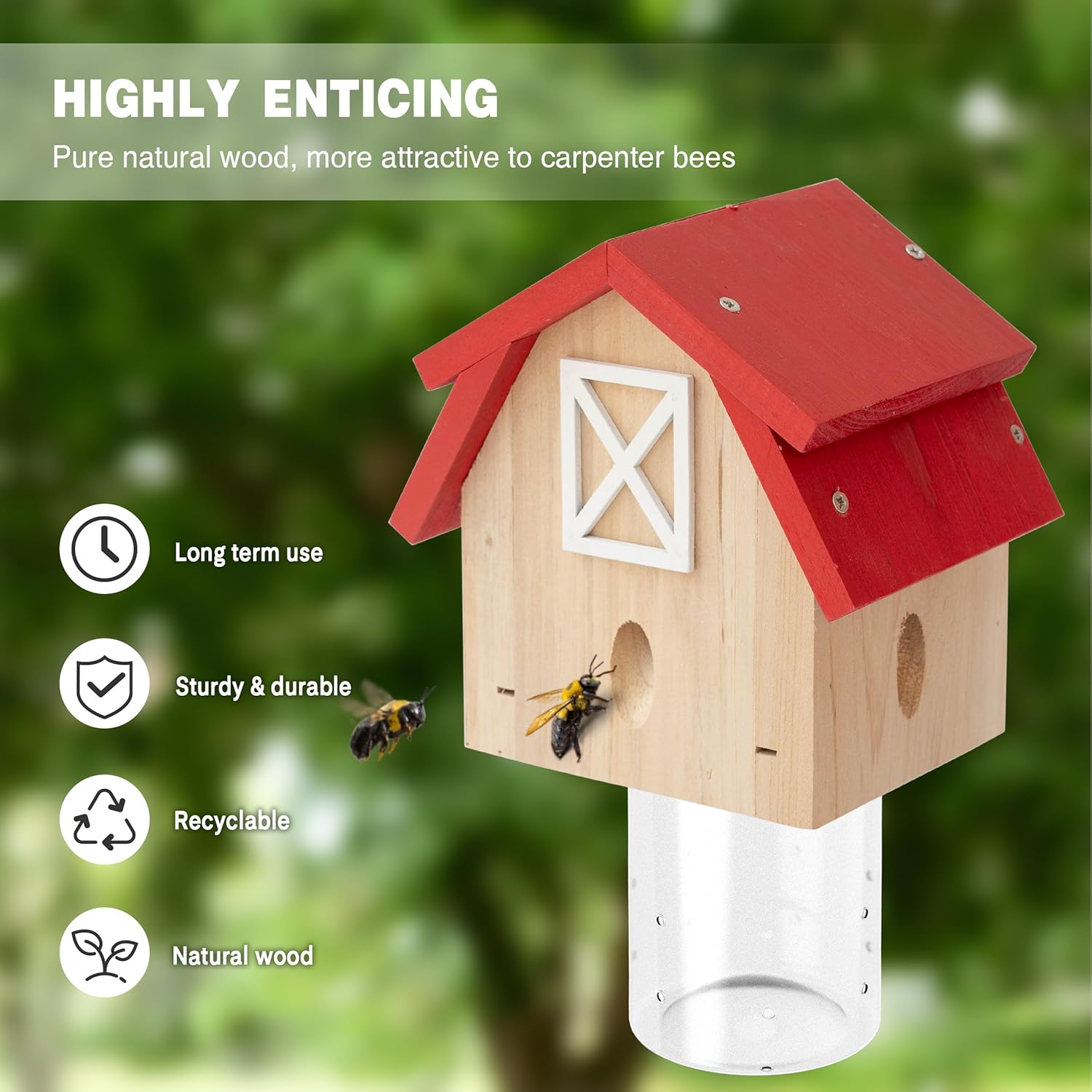 Carpenter Bee Trap for Outside - Best Bee Trap - Red Barn Style Nature Hanging Wood Carpenter Bee Traps Outdoor - Insect Traps with Removable Vault(2 Pack)