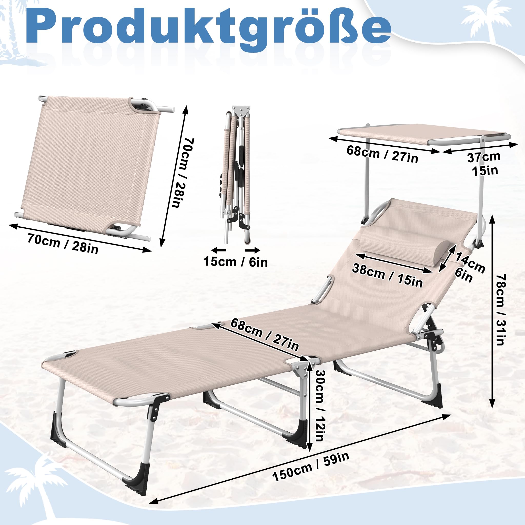 AufuN Sonnenliege Klappbar mit Dach und Seitentasche 195x68 cm Schwarz | Wetterfeste Gartenliege, stabile Strandliege, Sonnenschutz & verstellbare Rückenlehne, bis 100 kg, ideal für Terrasse Campin