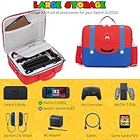 Vista 2 de PONYRC Mario - Funda de transporte para Nintendo Switch 2 (2025), gran funda de viaje rígida todo en uno con ranuras para tarjetas de juego, bolsa