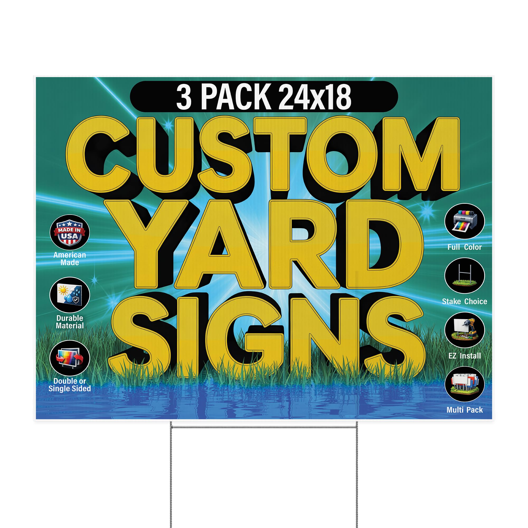 3 Pack of 24x18 inch Custom Yard Signs, Double and Single Sided Print, Metal H-Stakes, Durable 4mm Coroplast, Personalized Full Color Printing