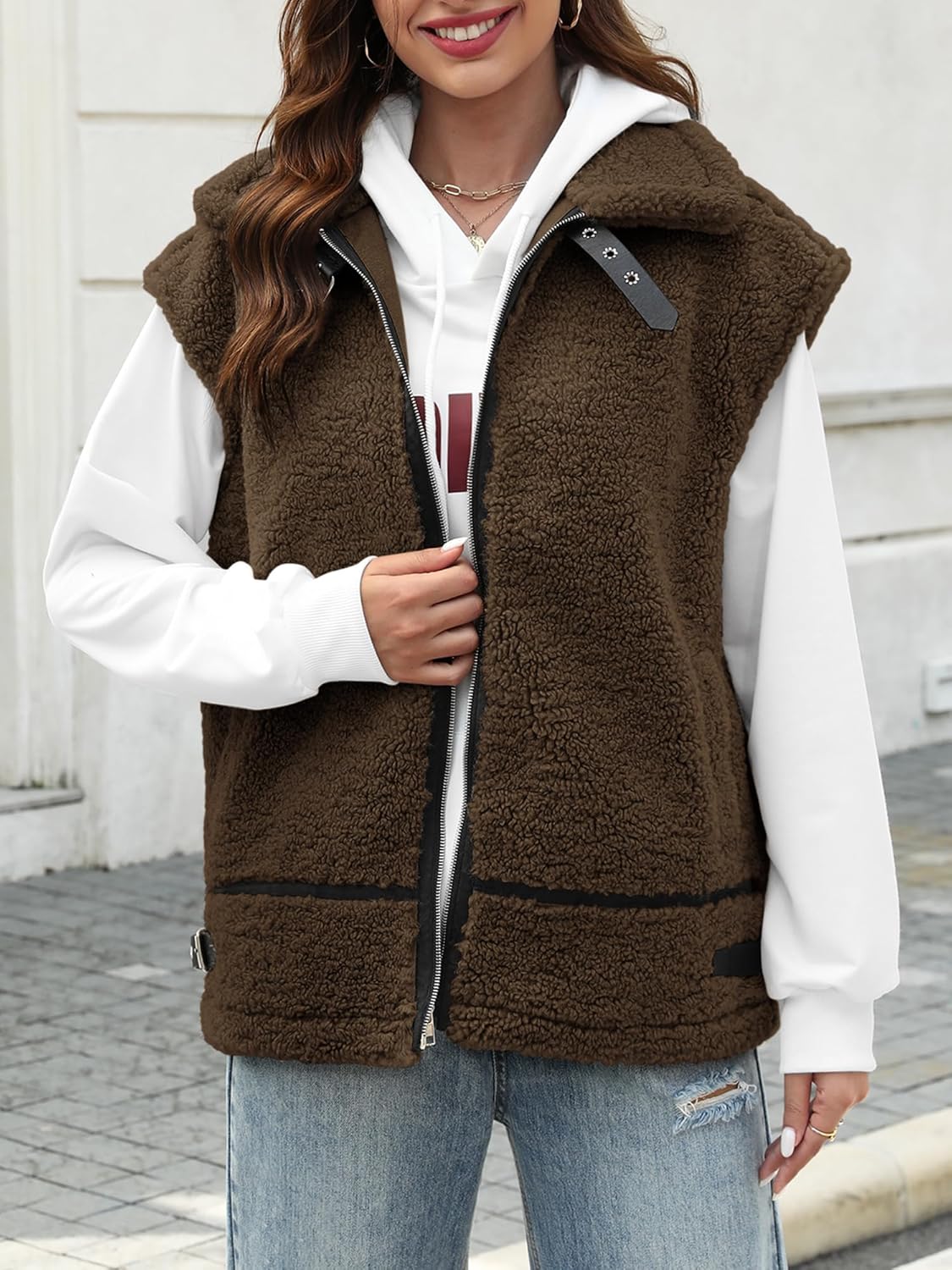 Women's Zip Up Sherpa Shacket Jacket Sleeveless Faux Fur Warm Fall Winter Outwear Fuzzy Fleece Coats - Image 4