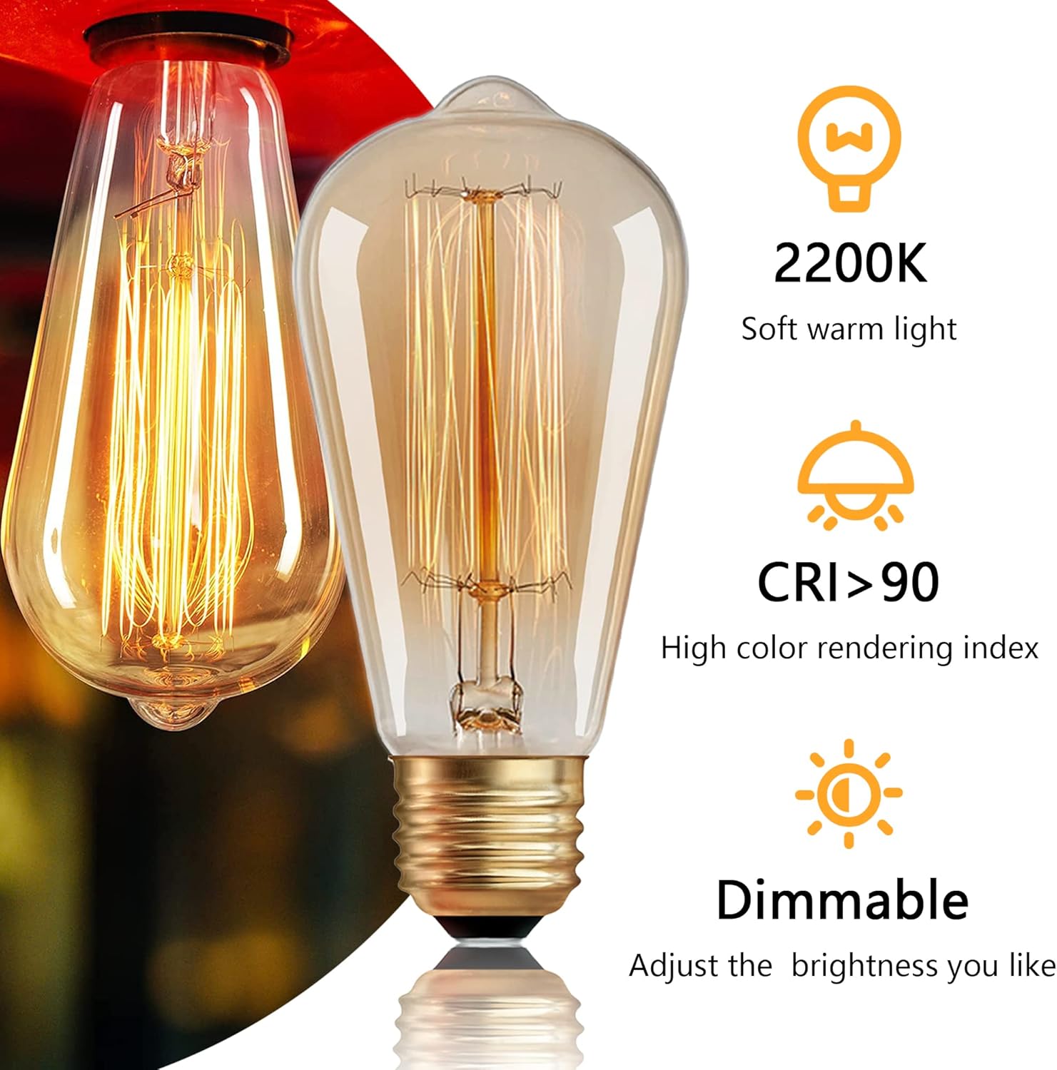 ST64 Edison Bulbs 2 Pack,Amber Vintage Incandescent Light Bulbs 110V 40W 240LM,E26 Base 2200K Dimmable Decorative Antique Squirrel Cage Filament Incandescent Bulb for Chandelier Pendant Lamps