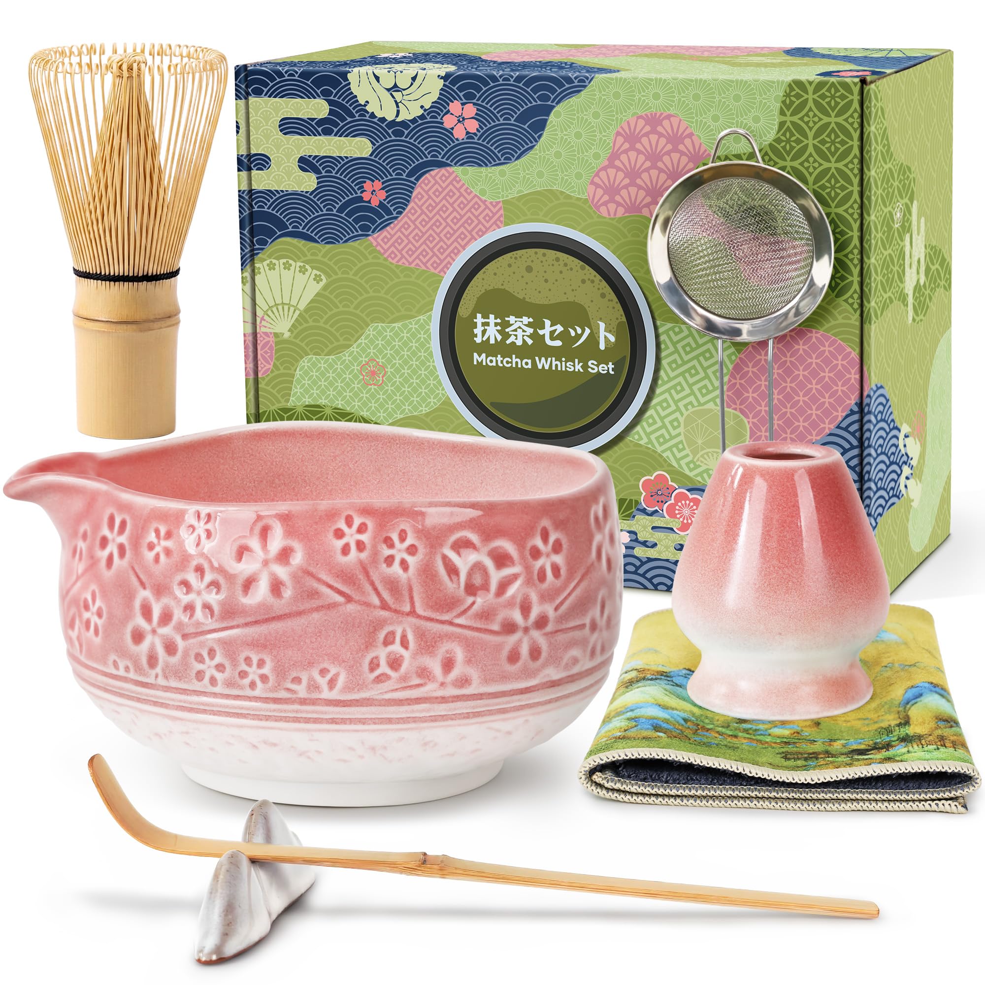 Zestaw do matcha w kolorze różowym, 7-sztuk bambusową miotełką i uchwytem, ceramiczną miseczką matcha oraz inne akcesoria, japoński zestaw do ceremonii parzenia herbaty dla początkujących