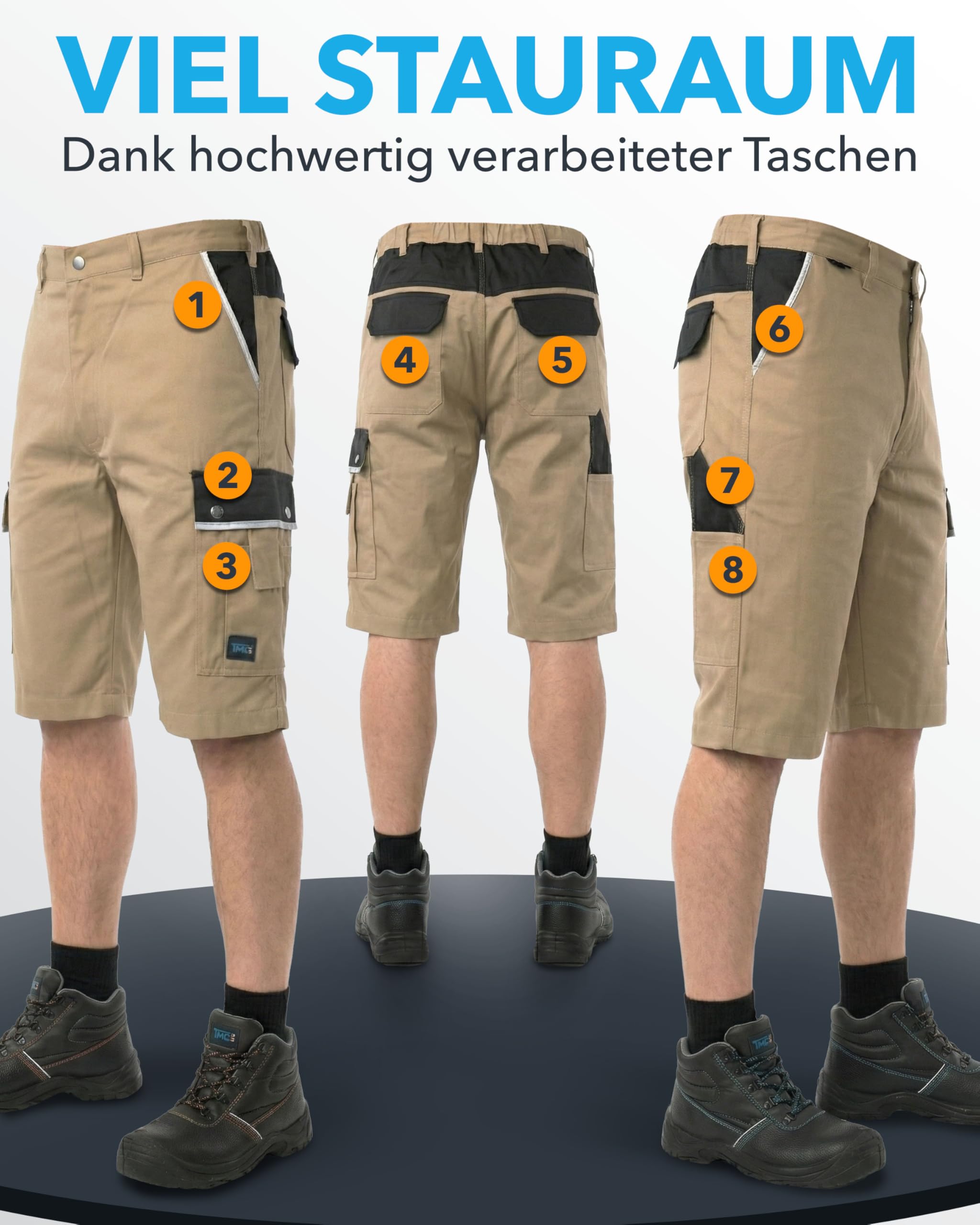 TMG Kurze Arbeitshose Herren - Arbeitsshorts Cargo mit Werkzeugtasche, Stretchbund & Reflektorstreifen - Baumwolle & Polyester mit 320 g/m² - Cargo Shorts Herren Sommer, Baustelle & Werkstatt