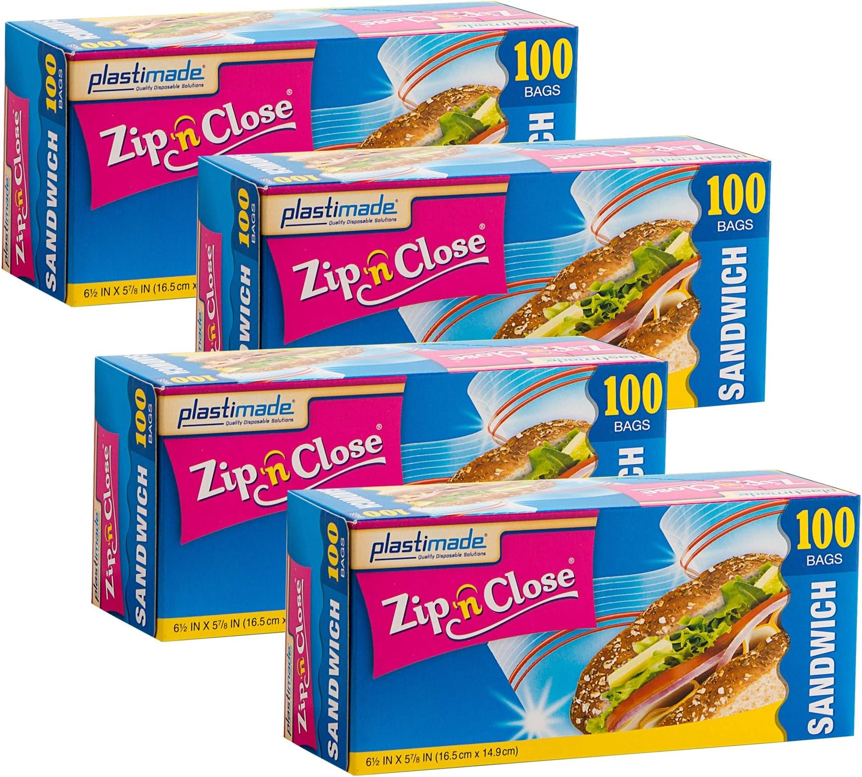 Plastimade Zip 'N Close Snack Bags, 100 Count, Pack of 4