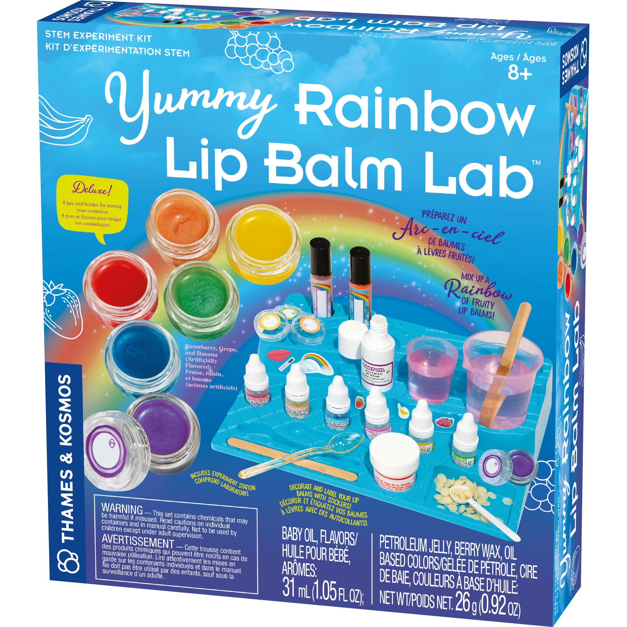 Thames & Kosmos Yummy Rainbow Lip Balm Lab STEM Kit | Make Lip Balms, Glosses | Strawberry, Grape, Banana Flavors & Cosmetic Jars | Chemistry &