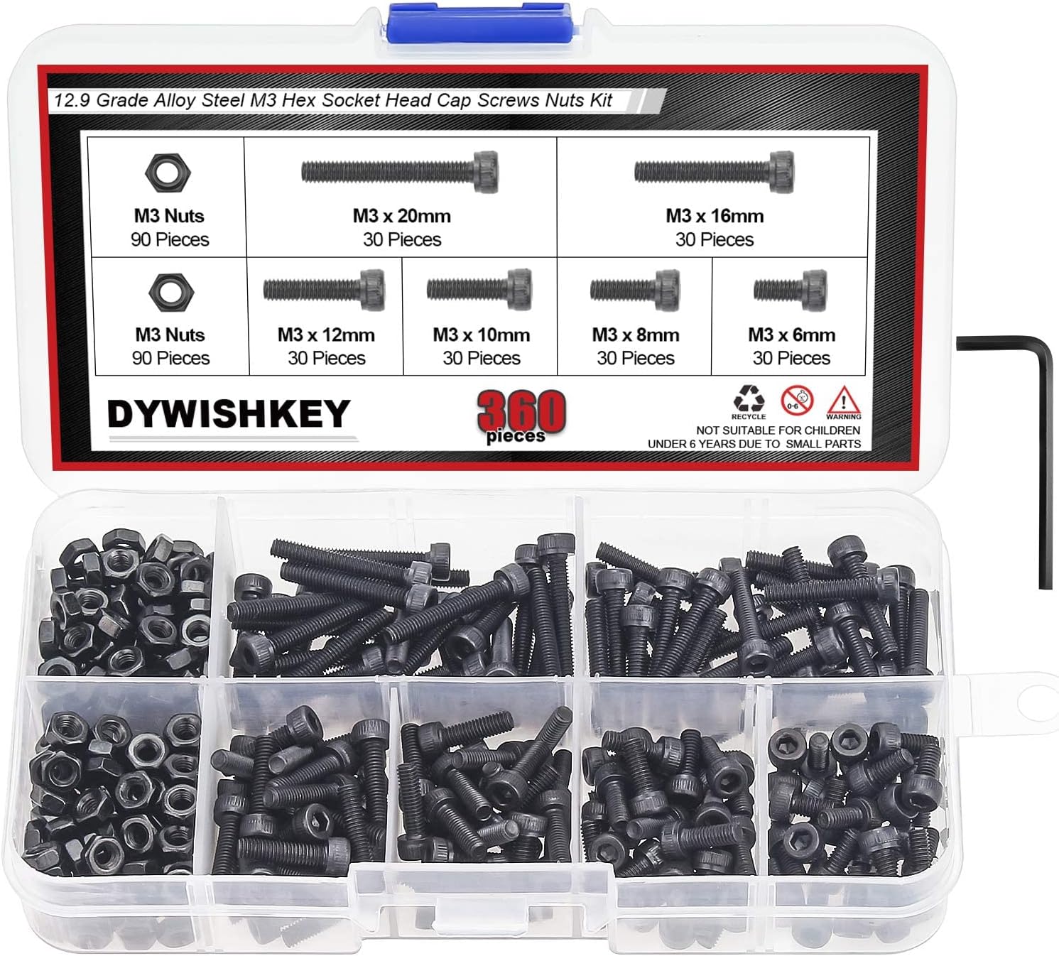 DYWISHKEY 360 Pieces M3 x 6mm/8mm/10mm/12mm/16mm/20mm, 12.9 Grade Alloy Steel Hex Socket Head Cap Bolts Screws Nuts Kit with Hex Wrench
