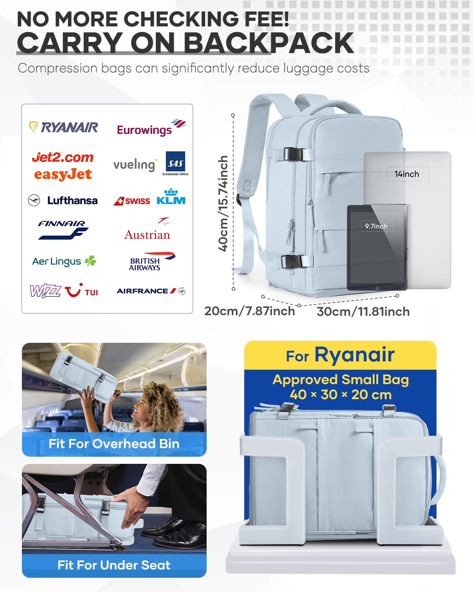SZSYCN Mochila Viaje Cabina Avion 40x30x20 Ryanair Wizzair Maletas de Viaje Mujer Mochilas Viaje 40×20×25 Ryanair para Mujer Equipaje de Mano 45x36x20 Easyjet Maletas para Portatil Hombre — view 3