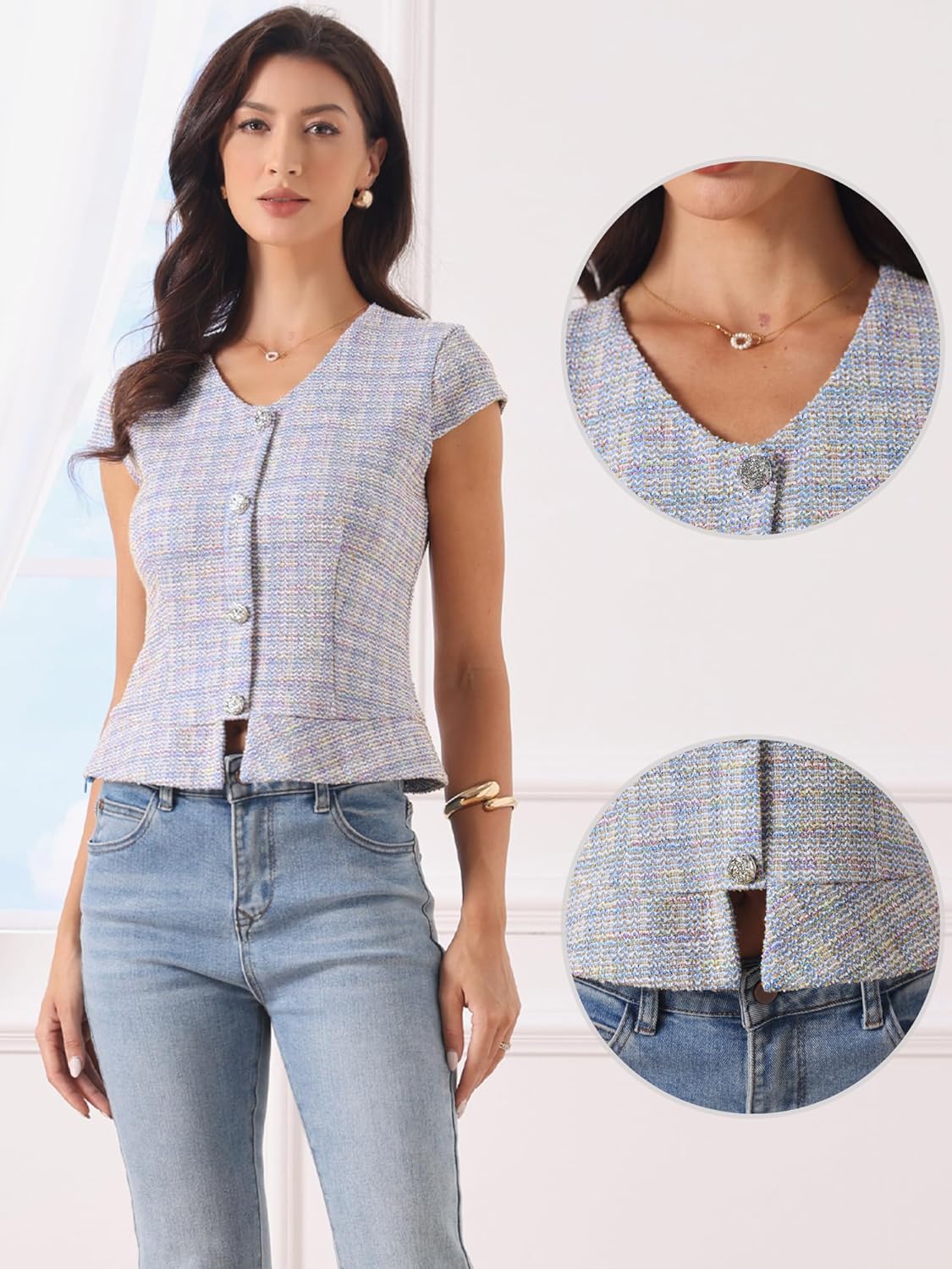 Allegra K Tweed Peplum Tops for Women's Button Decor Cap Sleeve Plaid Blouse - Image 4