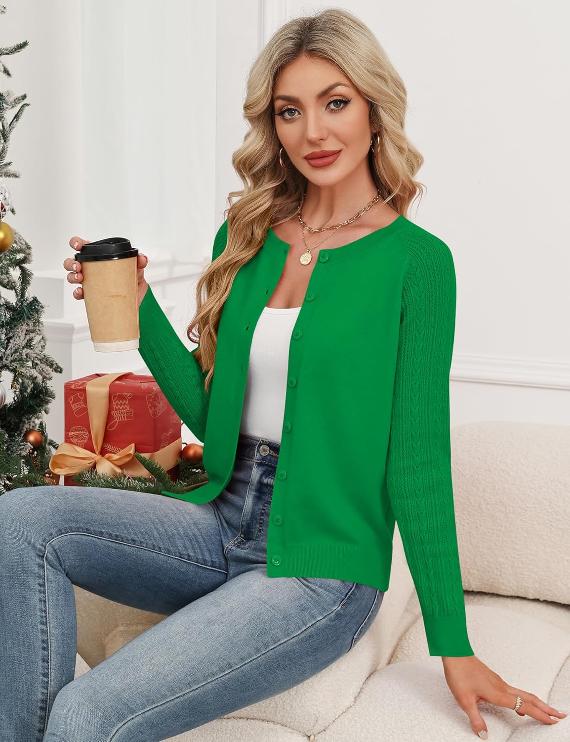 Ivicoer Women's Cardigan Sweater Button Up Cardigan Textured Sleeves Crew Neck Sweater Trendy Outfits 2026 - Image 4