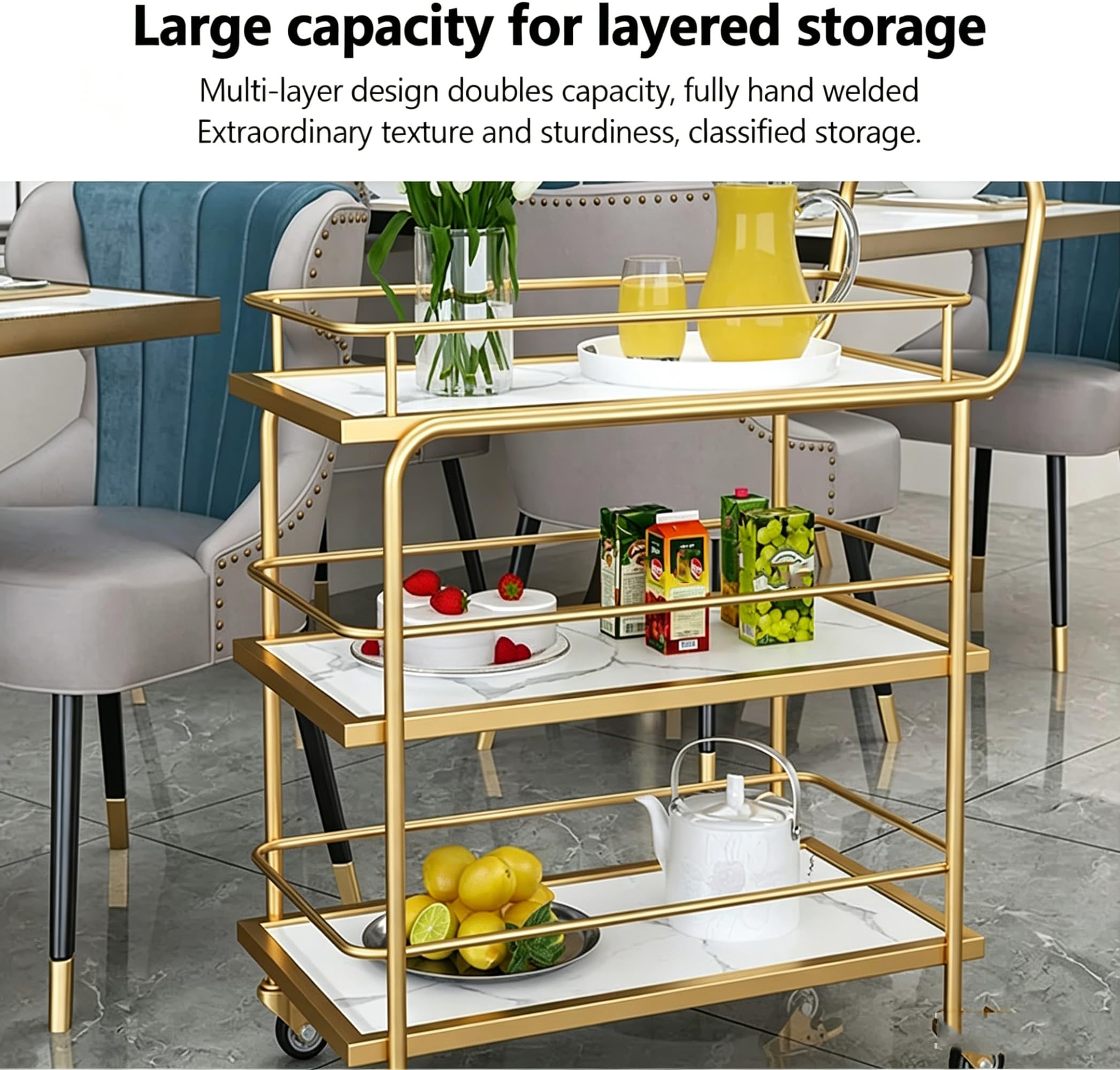 Carrello di servizio per ristoranti, 3 ripiani, con recinzione e pannelli in marmo per buffet