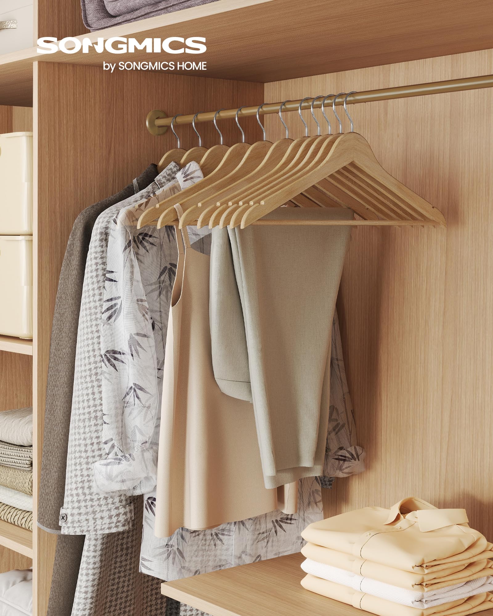 SONGMICS Percha de Madera, Juego de 10, Delgada, Muescas en Hombros, Percha para Pantalones, Gancho Giratorio 360°, Ahorra Espacio, Madera de Abedul, Tirantes y Chaquetas, Beige Natural CRW035KZ01