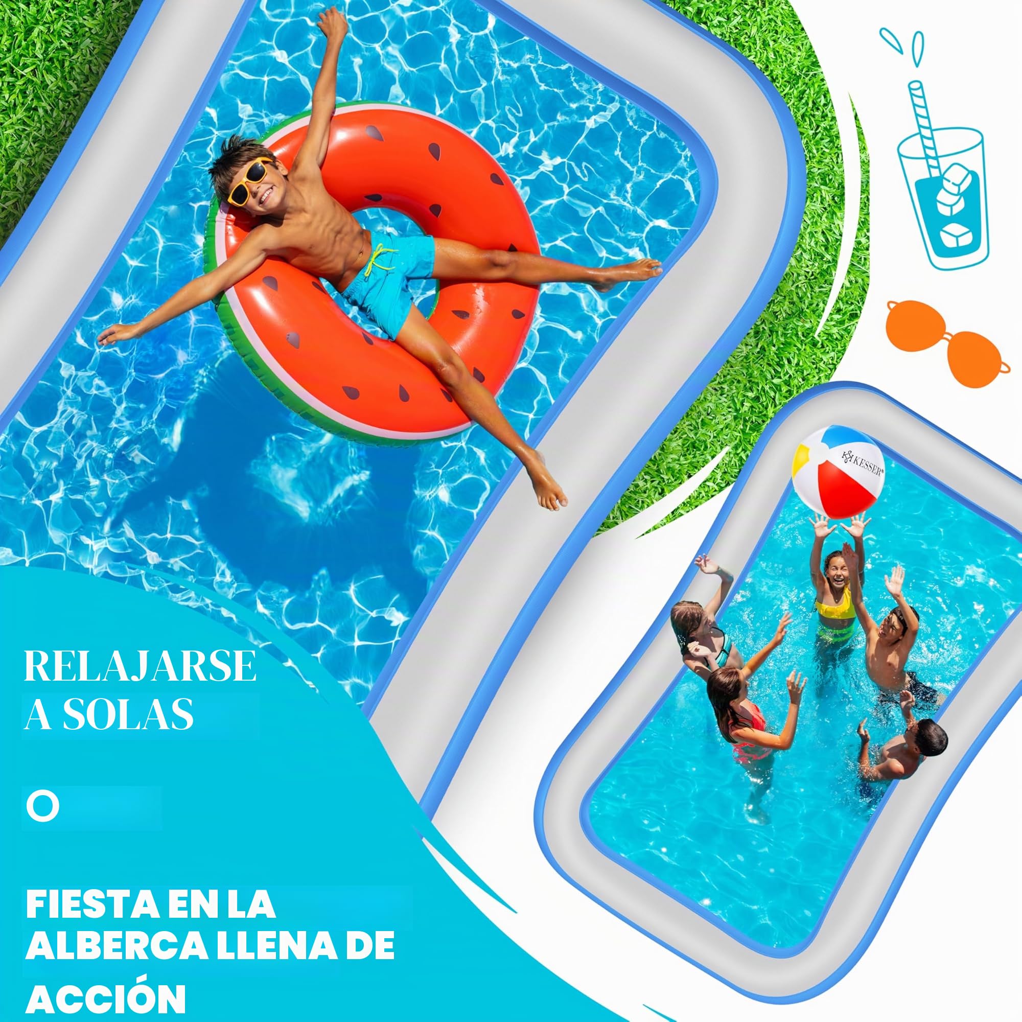 KESSER® Piscina Familiar Inflable para Niños y Adultos, de Jardín y Verano, 240 x 142 x 56 cm, 613 Litros, con Agujeros de Drenaje