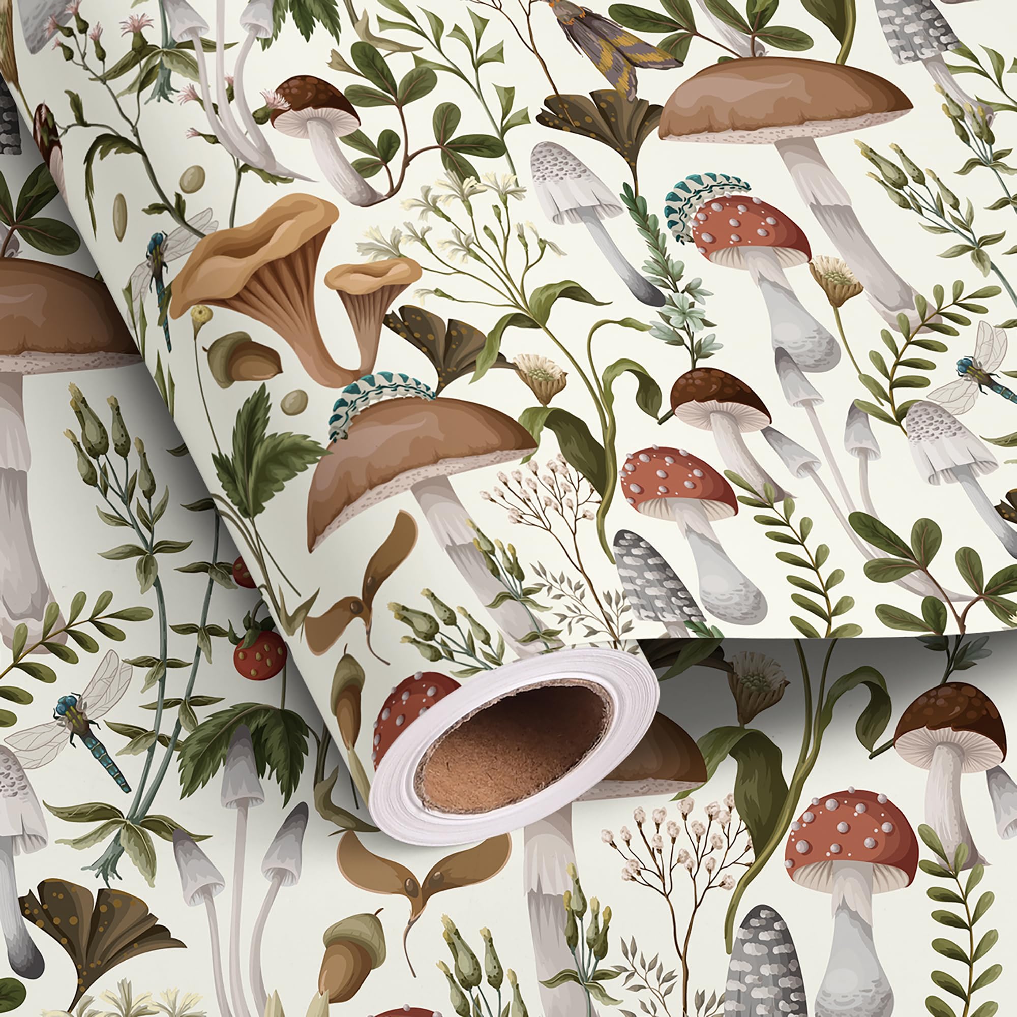Altarho Mushroom Wrapping Paper Roll for Kids Adults - 17 Inch x 20 Feet - White Mushroom Woodland Plant Design Funny Gift Wrap for Birthday Spring Summer Holiday Christmas Total 28.5sq.ft — image 1