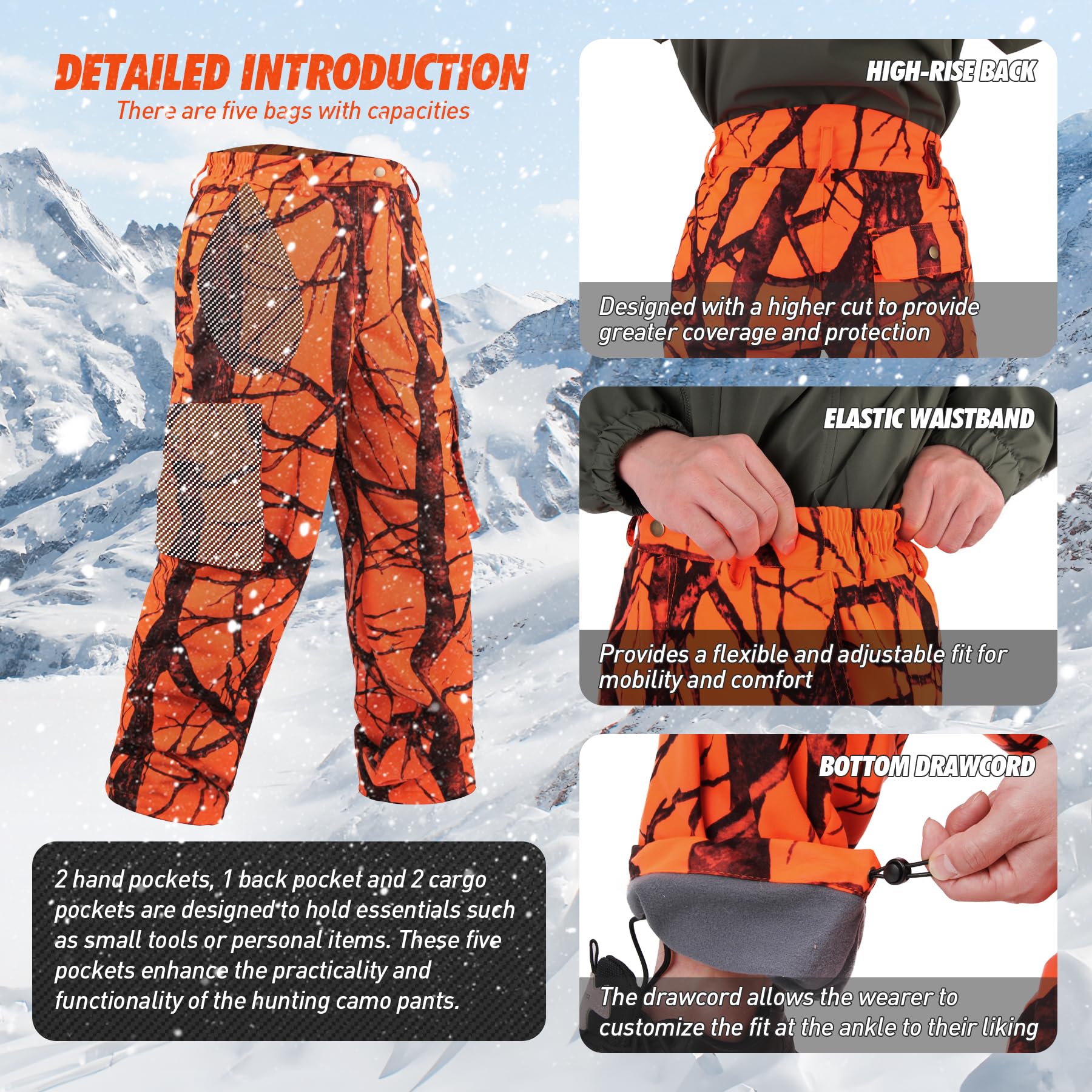 GUGULUZA Pantalon de chasse pour homme, pantalon de chasse silencieux avec doublure en polaire, vêtements camouflage résistants à l'eau pour la chasse au cerf