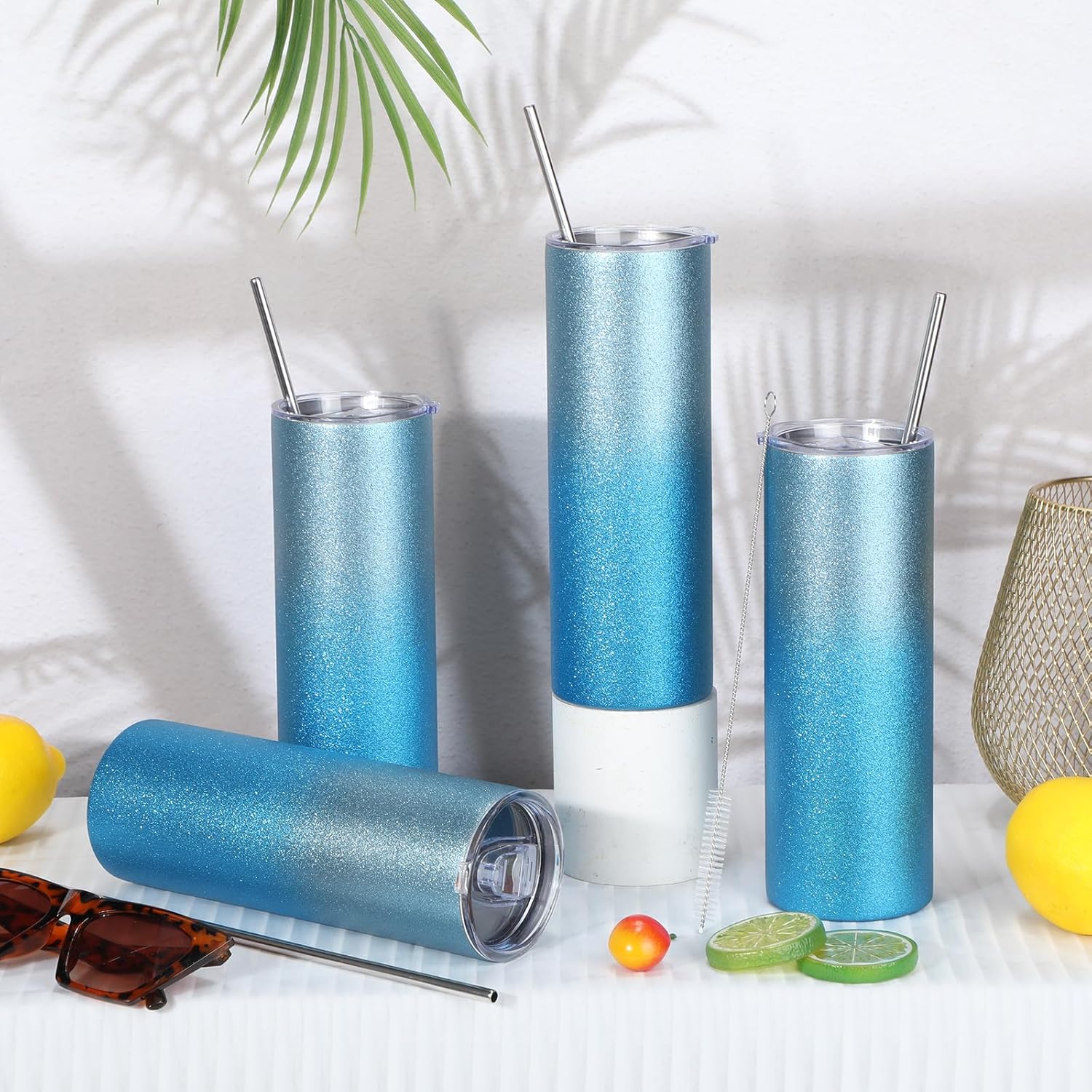 Patelai 4 Pcs Glitter Skinny Tumblers 20 oz Insulated Stainless Steel Tumbler with Lid and Straw Green and Blue Gradient Travel Water Cups for Hot Cold Drink