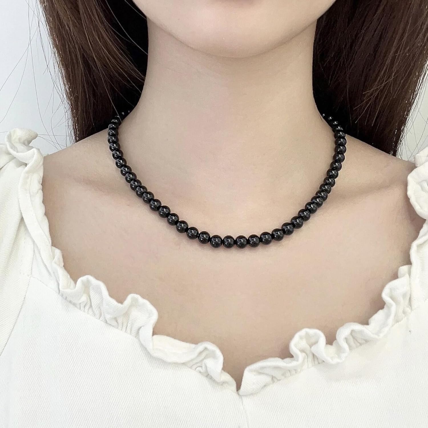 Kakikaki Natural Agate Choker Necklace Sterling Silver Round Beads Strand Necklace for Women - Image 2