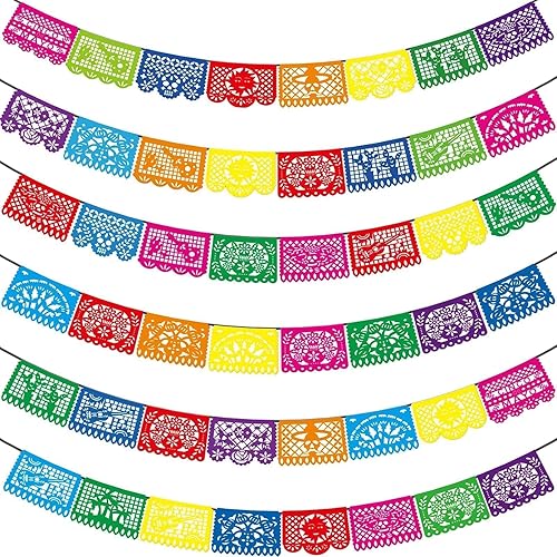 Asoulin 6PCS Mexican Party Banners, Cinco De Mayo Decoration Fiesta Party Decoration, Mexican Themed Party Decor 5 De Mayo Banner Plastic Papel Picado, Mexico Birthday Party Supplies -12 Patterns/90FT