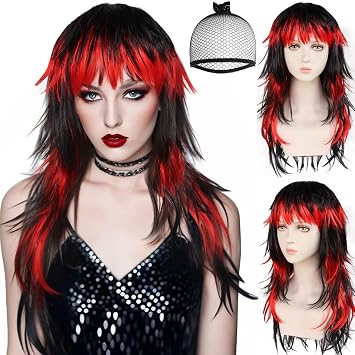 ANOGOL Long Red and Black Wig Vampire Cosplay Wigs Women Goth Scene Wig | Hair Cap+Red Black Ombre Scene Wigs Long Wavy Emo Hair Funny Black Emo Outfit for Halloween Costume Party Cosplay Mardi Gras