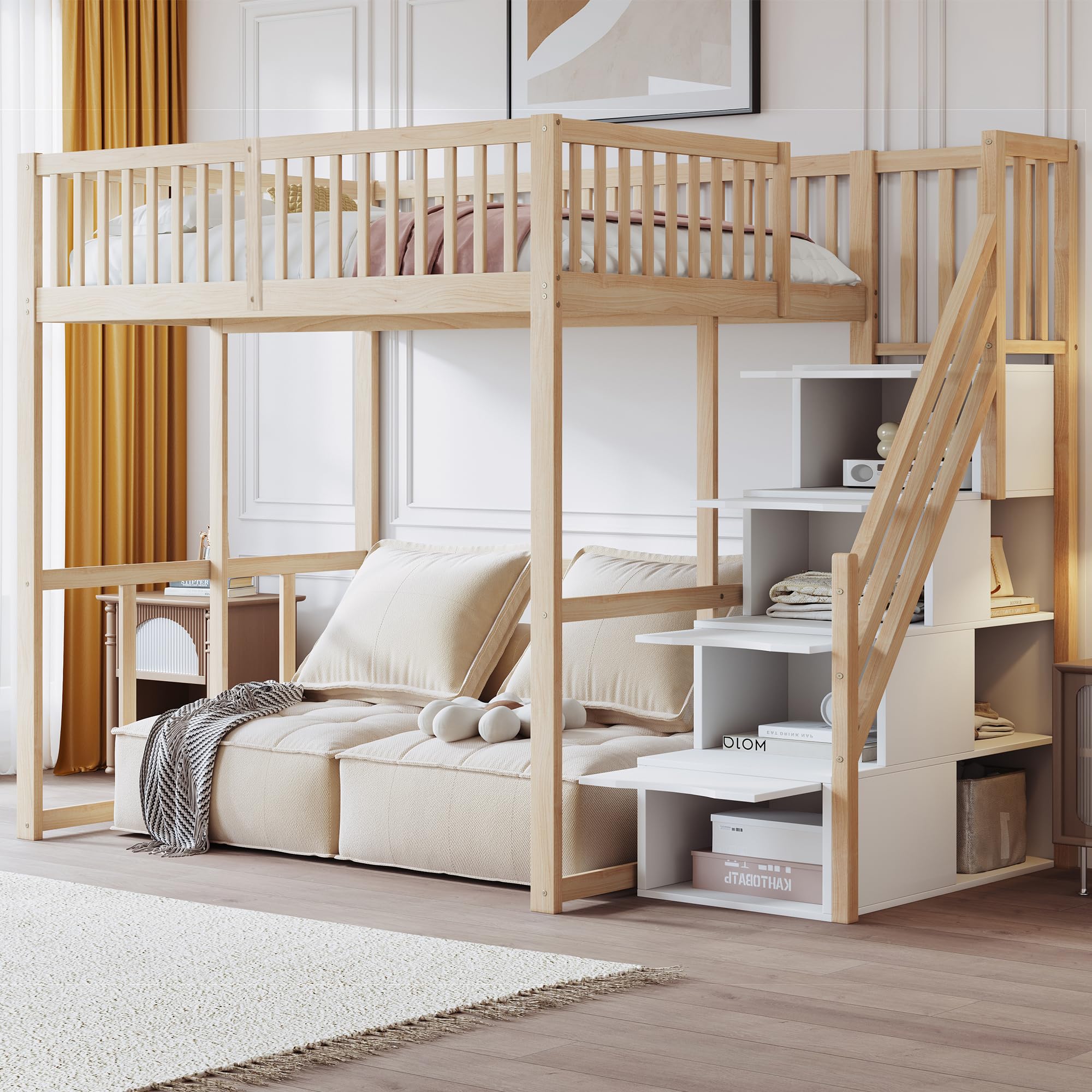 Merax Lit Mezzanine 140 x 200 cm, Multifonction Lit Enfant avec Espace de Rangement Escalier, Couleur Bois et Blanc (sans Matelas)