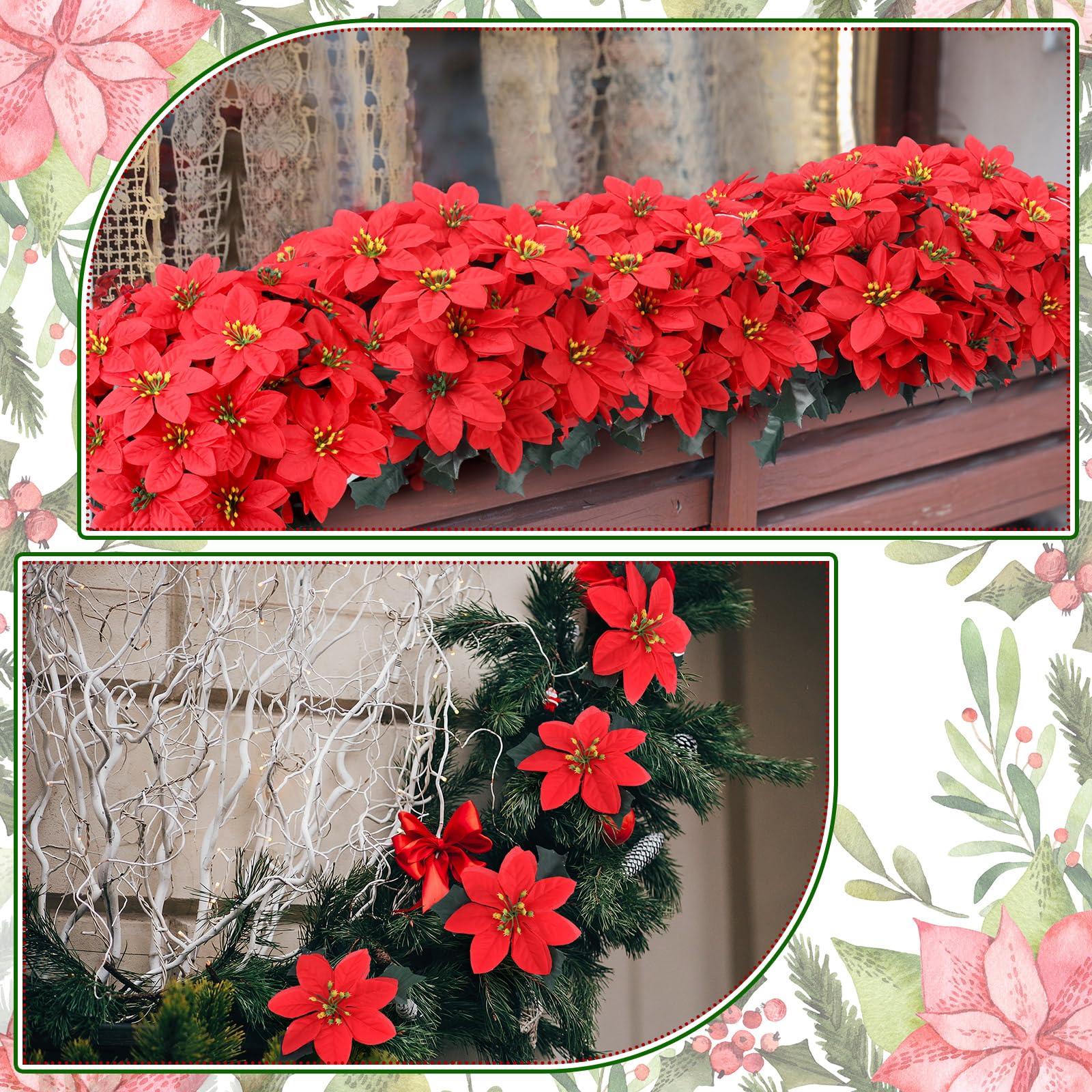 Tigeen Künstliche Weihnachtssterne mit 7 Köpfen, Blumensträuße für Weihnachten, Party, Kranz, Hochzeit, Zuhause, Garten, Dekoration, Rot, 50 Stück