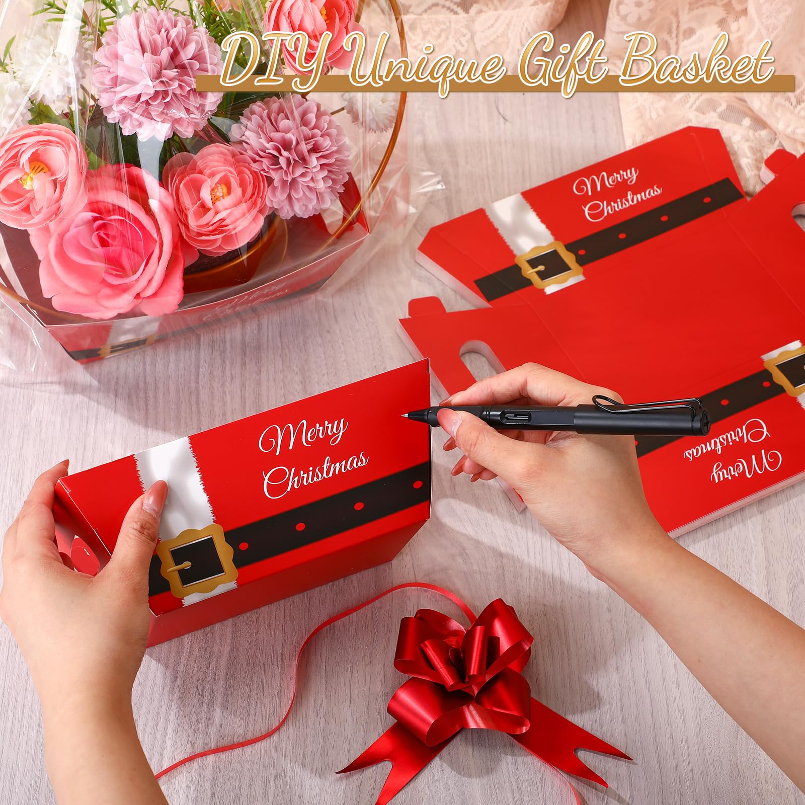 Fulmoon 20 juegos de cestas de Navidad para regalos, cestas vacías de regalo de Navidad, cesta de regalo vacía de papel kraft con asas, lazos transparentes, bolsas de regalo de rafia para boda,