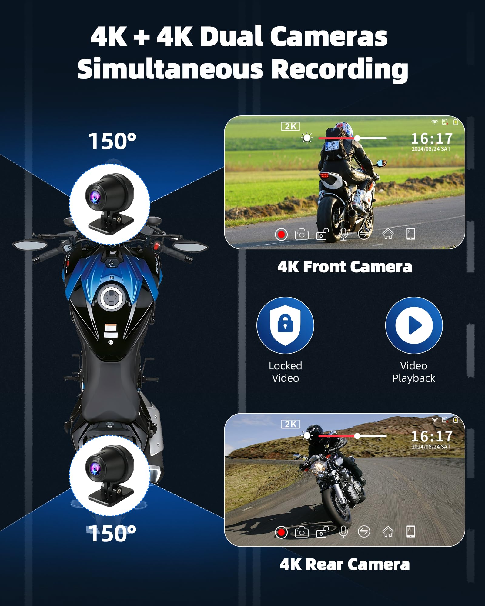 CarPlay - Motocicleta de 7 Pulgadas con cámara Dual 2K Dash CAM inalámbrica Carplay Android Auto Pantalla para Moto con navegación GPS para Motocicleta, Control de Voz, Sensor de luz, Bluetooth, TF