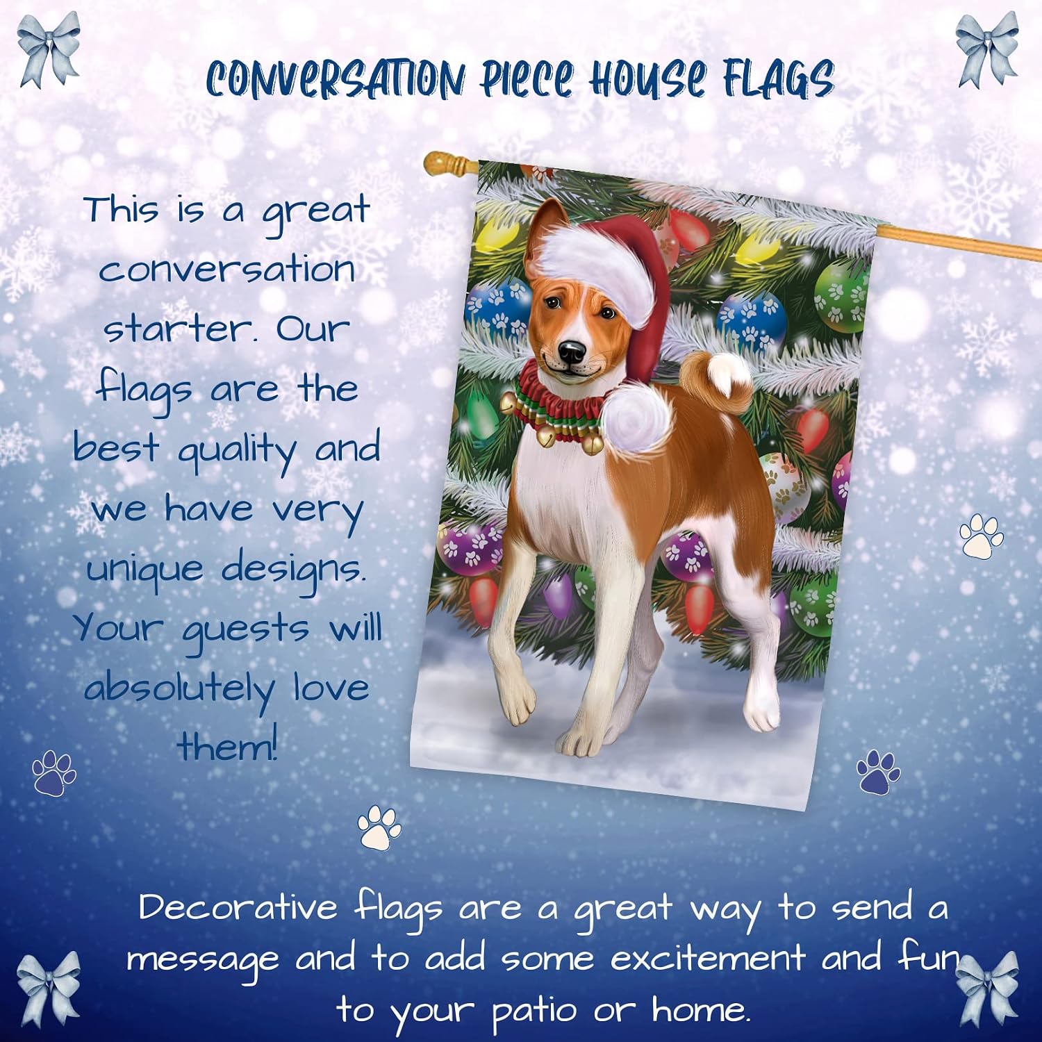 Doggie of the Day Basenji Dog House Flag - Christmas Trotting in the Snow - Outdoor Double Sided Pet Home Garden Decor 28"w x 40"h, HFLG62025