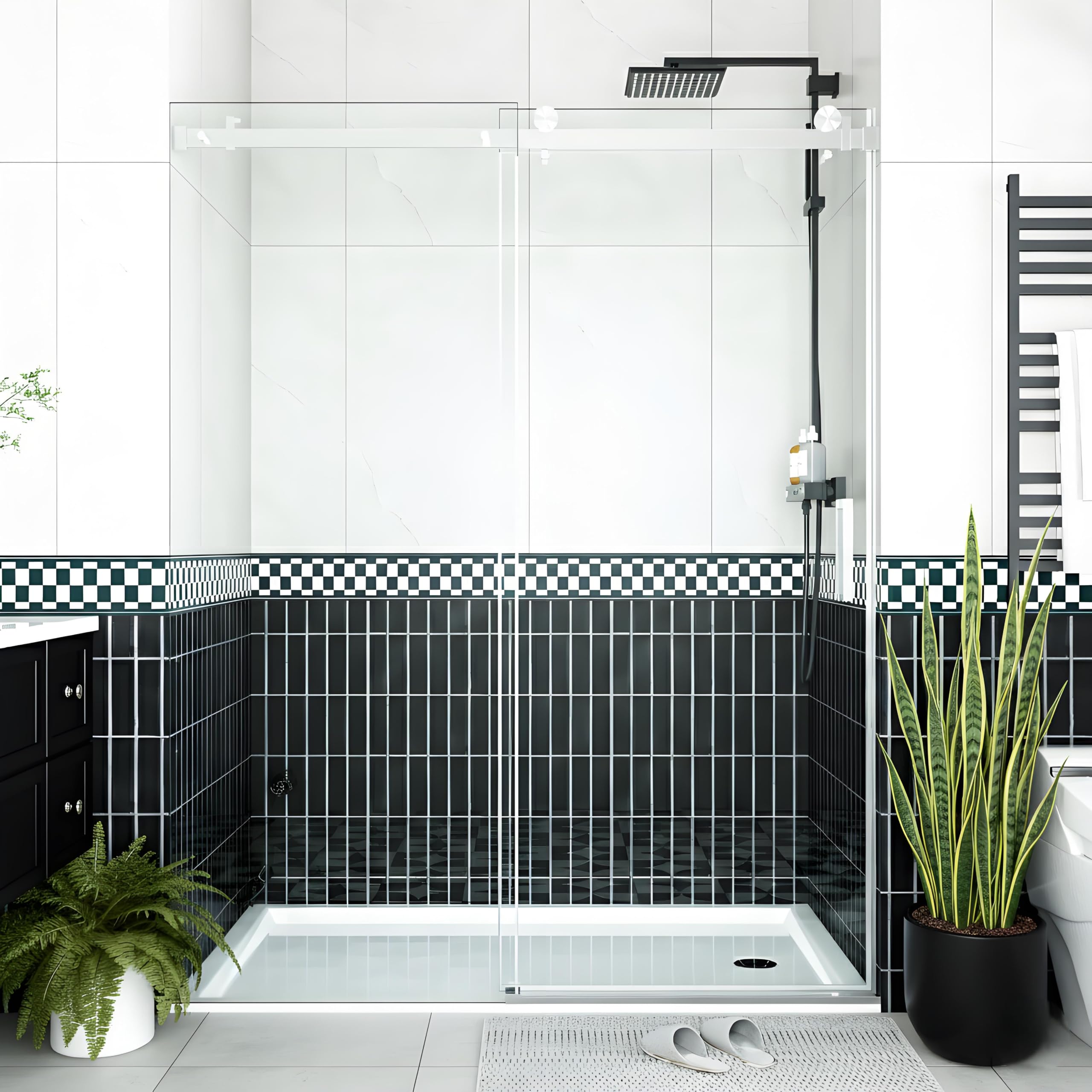 Frameless Sliding Shower Door for 44-48" x 76" Opening, 6mm Coated Tempered Glass, One Fixed &amp; One Sliding Panel, Square Stainless Steel Track, Brushed Nickel Finish