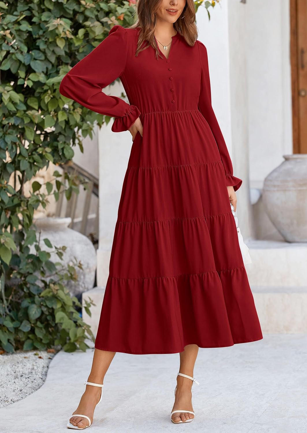 PRETTYGARDEN Long Sleeve Dress for Women Fall V Neck Tiered A Line Spring Elegant Modest Flowy Wedding Guest Maxi Dresses - Image 8