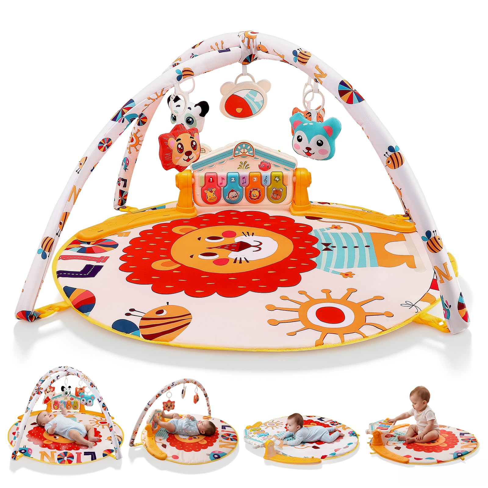 Spieldecke Baby Gym, 6 in 1 Spielbogen 0-12 Monate mit Musik Klaviermatte, 4 Hänge-Spielzeug, Licht & Töne, 400+ Geräuschen, Aktivitätsmatte mit Abnehmbarem Babyspielzeug für Neugeborene