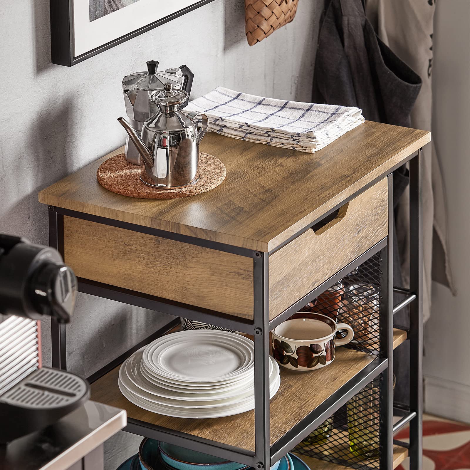 SoBuy Carrito Auxiliar con Ruedas, Carrito Cocina con 1 Cajón 3 Estantes y Estantes Laterales, Mueble Auxiliar de Cocina, Carro Herramientas Estilo Vintage 50 x 37 x 87 cm FKW99-N