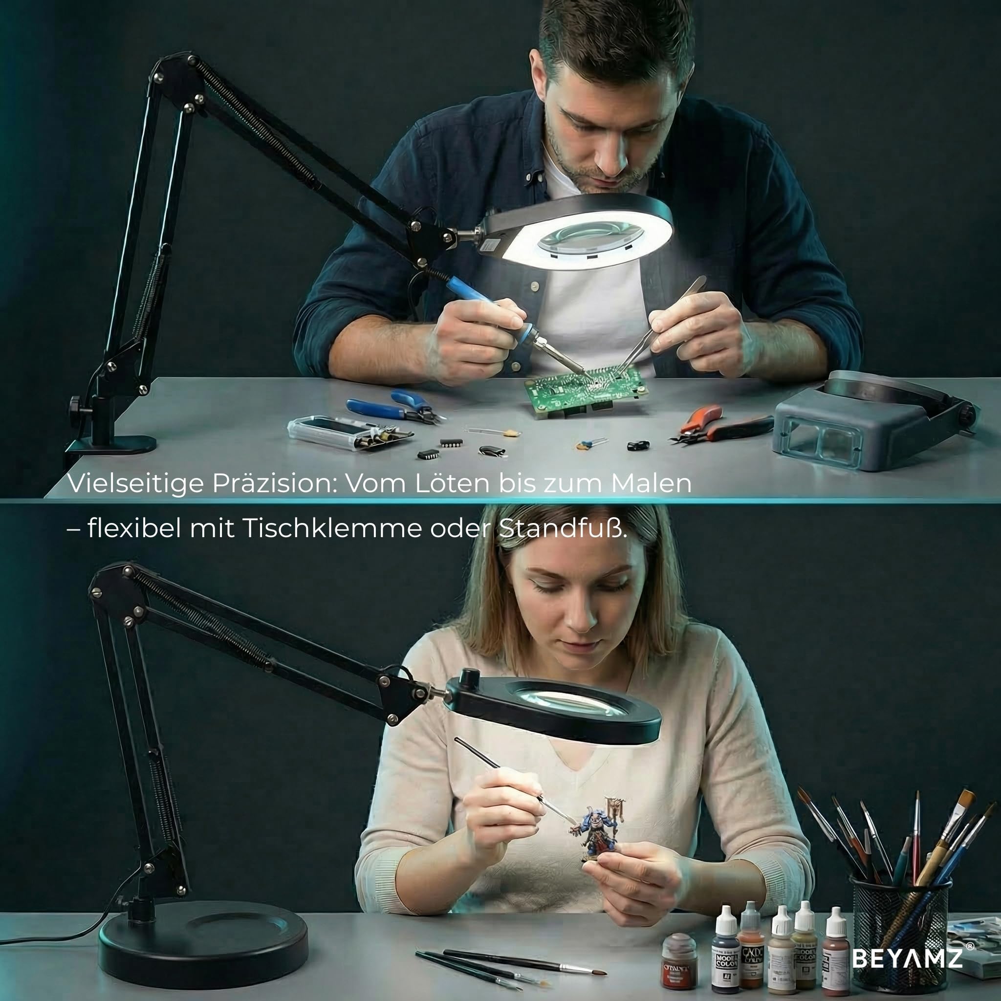 LED-Lupenleuchte mit Ständer und Klemme, Tischlampe mit 10,5 cm 5X Lupe, dimmbare Lichter in 5 Farben und Doppelständer für Handarbeit, Detailinspektion und Hobbys (Rund)