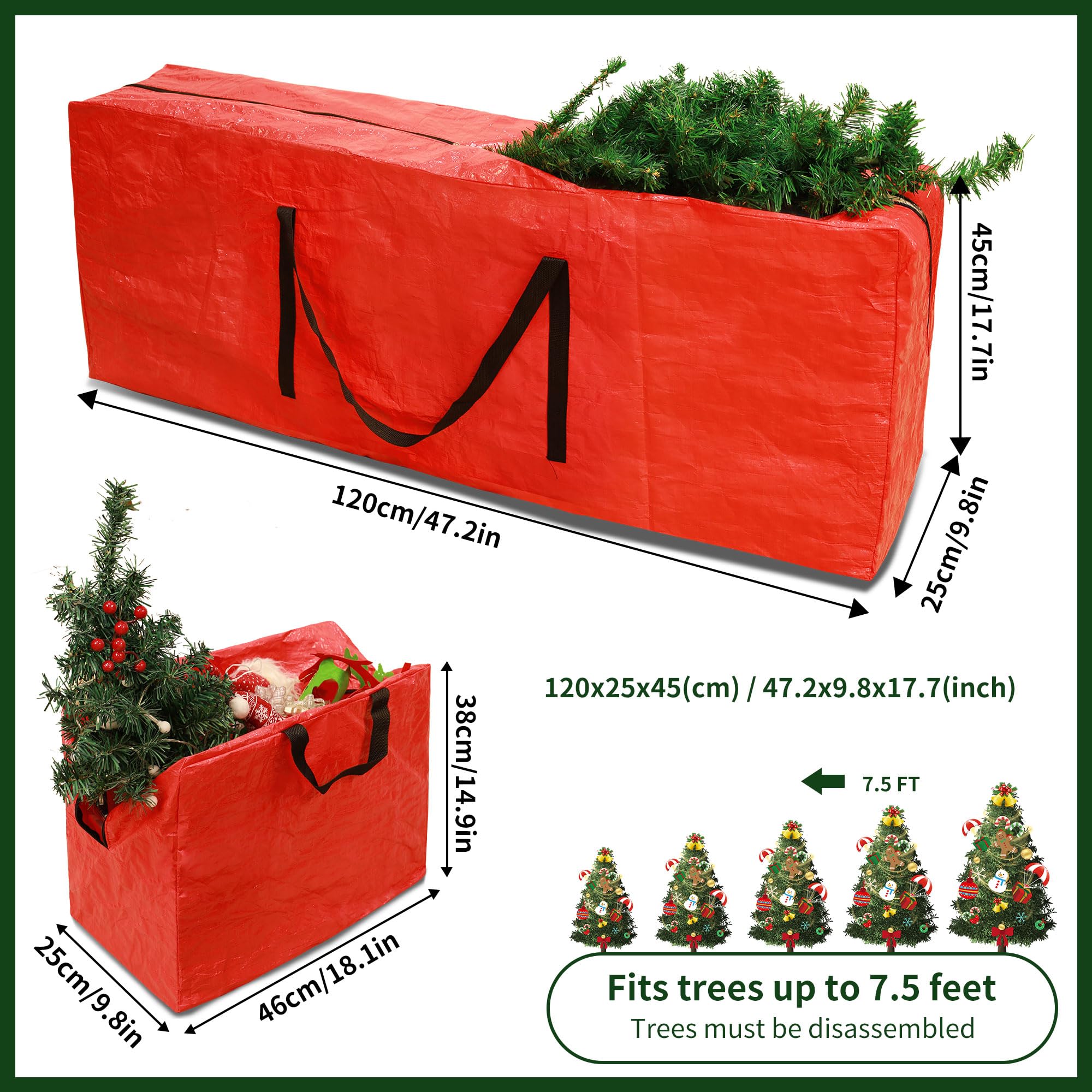 RICHIE Lot de 3 grands sacs de rangement pour sapin de Noël avec 2 sacs de décoration de Noël pour arbres de Noël jusqu'à 2,3 m de haut, boîte de rangement facile à transporter, sacs de rangement