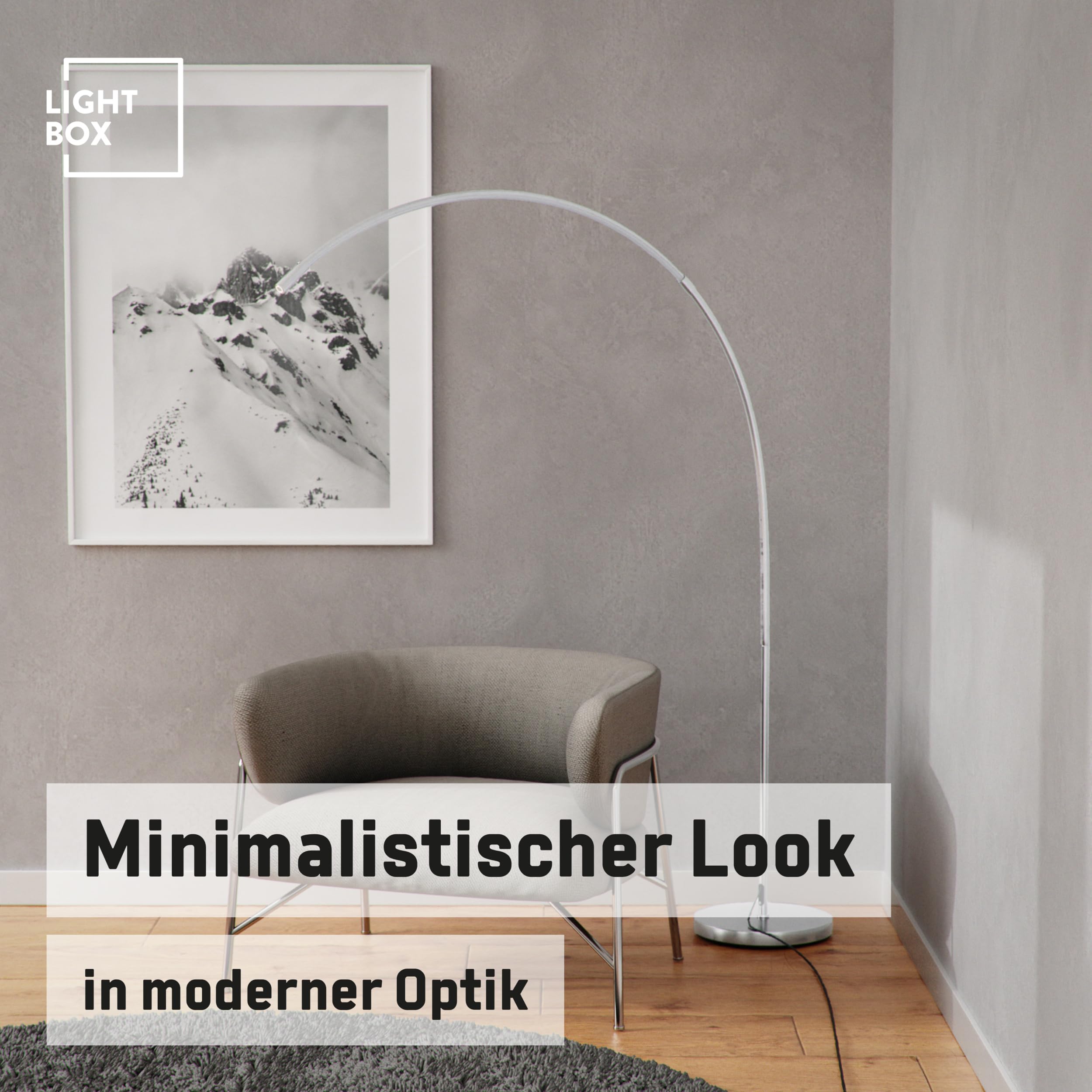 Lightbox LED Bogenstehlampe | 1,7 m Höhe | Stehleuchte mit Kopf-Schalter, dimmbar (CCT) | LED Lampe (1440lm, 18W) | Standleuchte auch als Schlafzimmer, Büro und Flur Lampe | aus Metall in Silberfarben