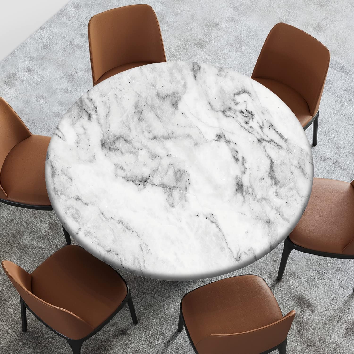 Marble Pattern Round Fitted Tablecloth,Elastic Edge,Suitable for Catering and Kitchen Can Wipe Dining Round Table coverr,for 45" to 56" Round Tables(Dimgray Pale Grey and Pearl)