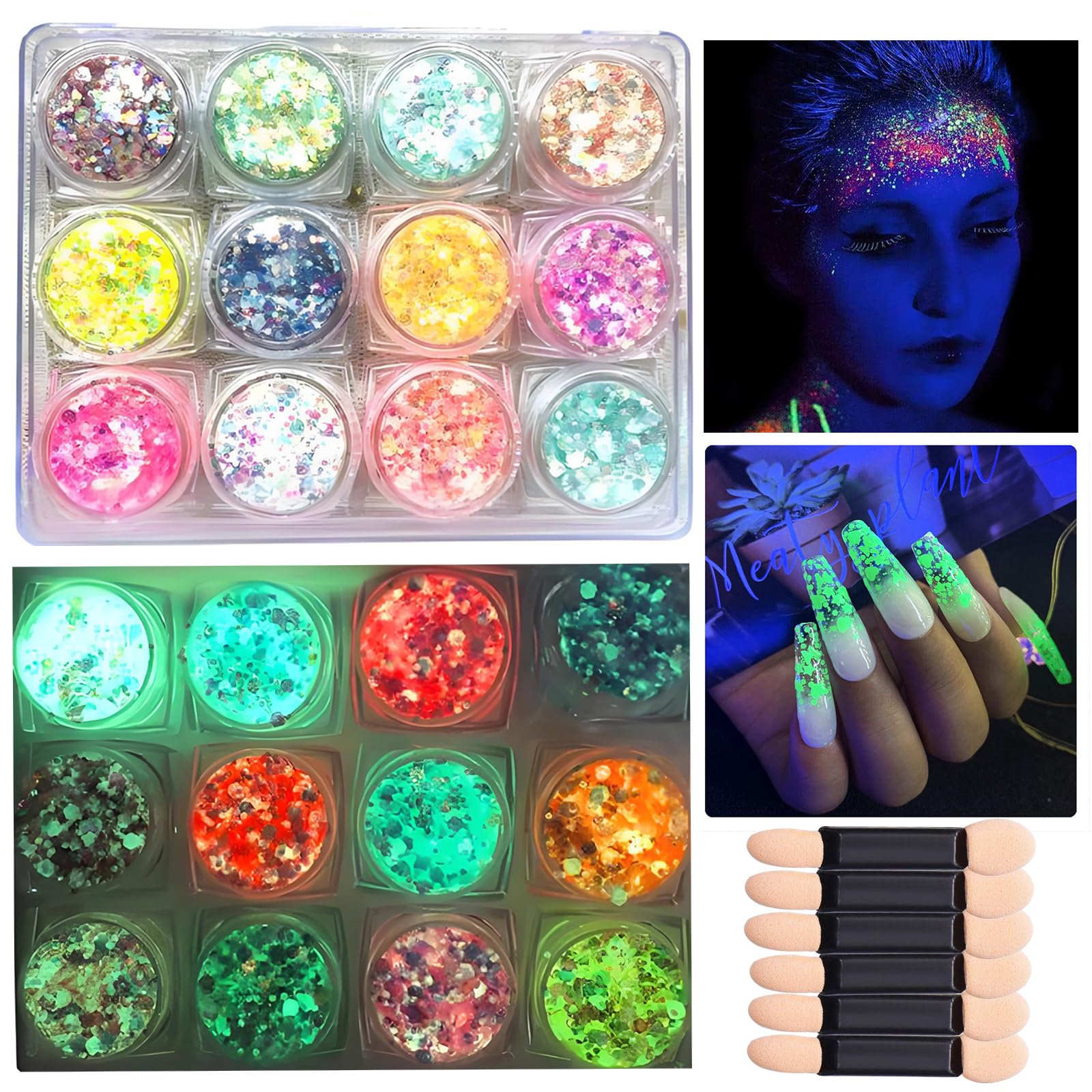 Fluorescent Chunky Glitter Gel Set for Nail Art and Festivals - Glows Under UV Black Light with Sponge Applicators for Creative DIY Face and Design, 12 Colours Neon Party Makeup โ image 1